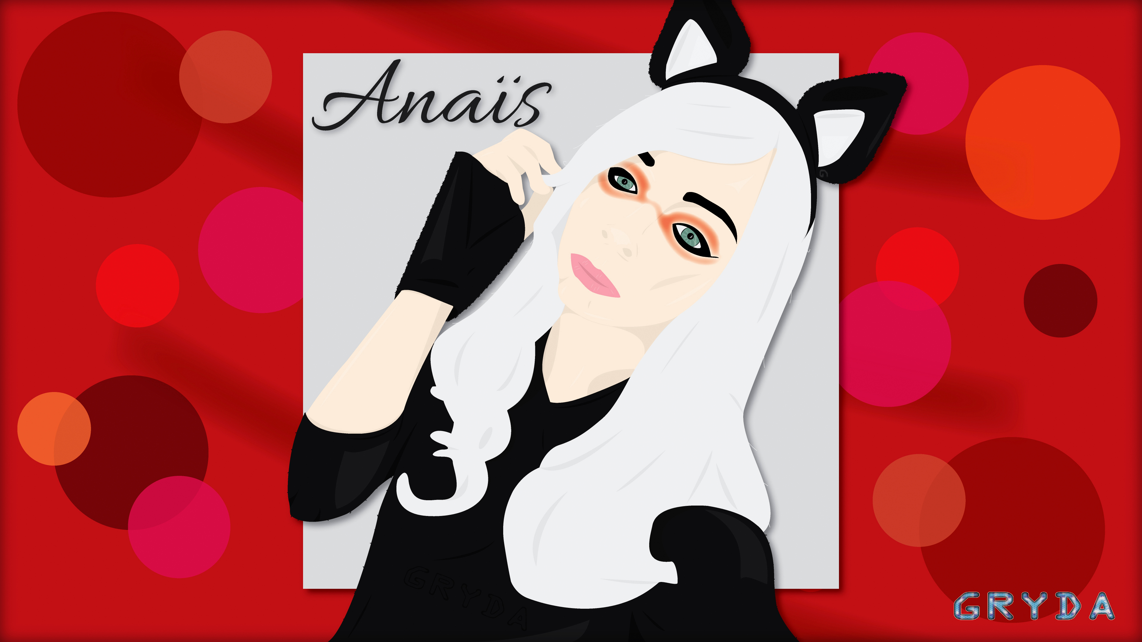 Artwork Women Cat Girl Red White Hair Adobe Illustrator Green Eyes Drawing 3840x2160