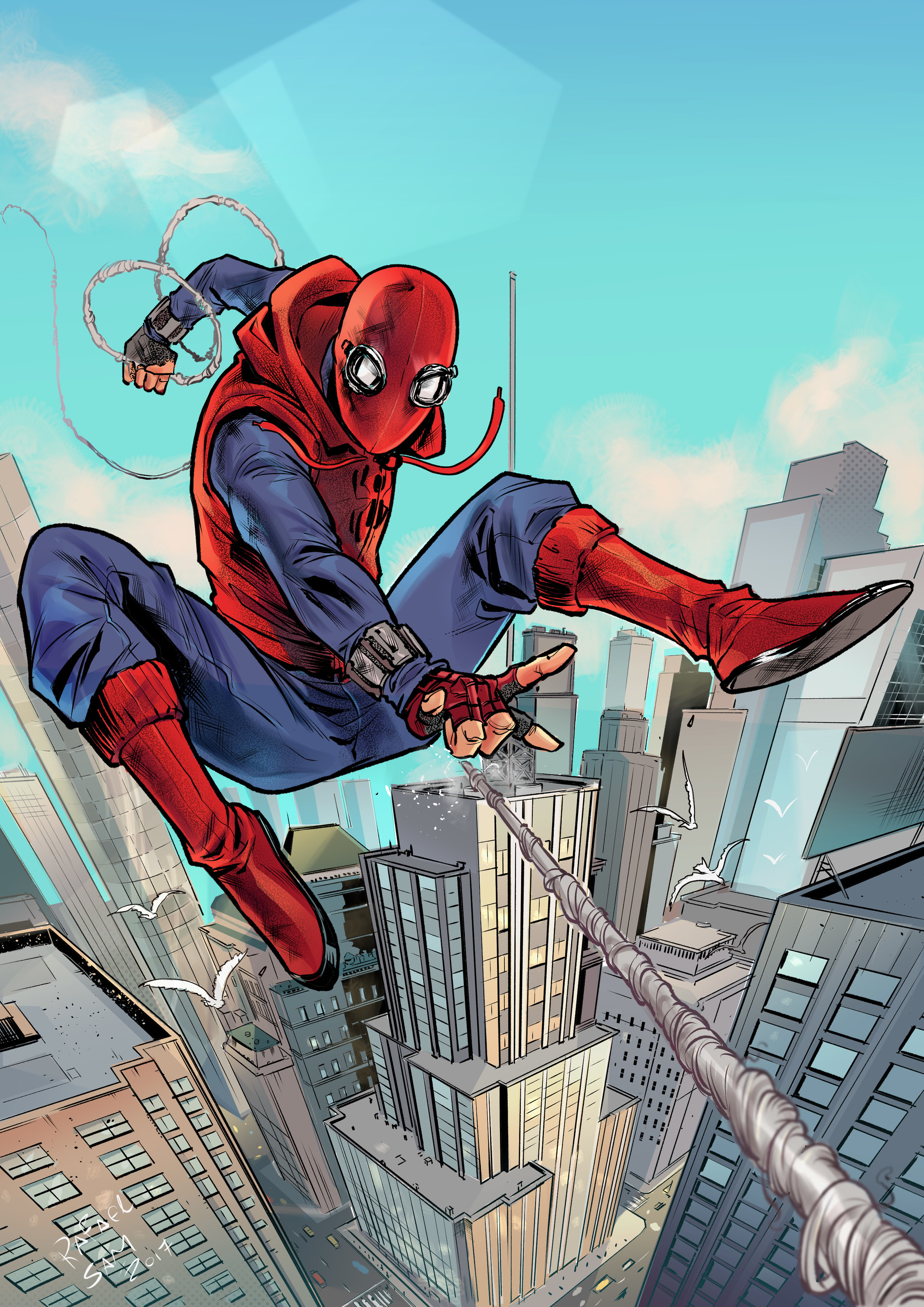 Rafael Sam Illustration Marvel Comics Spider Man Spider Man Homecoming Movie Hood Boots City Buildin 1920x2715