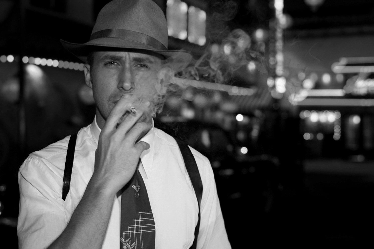 Ryan Gosling Gangster Squad Movies Monochrome Men Hat Smoking Cigarettes 1500x1000