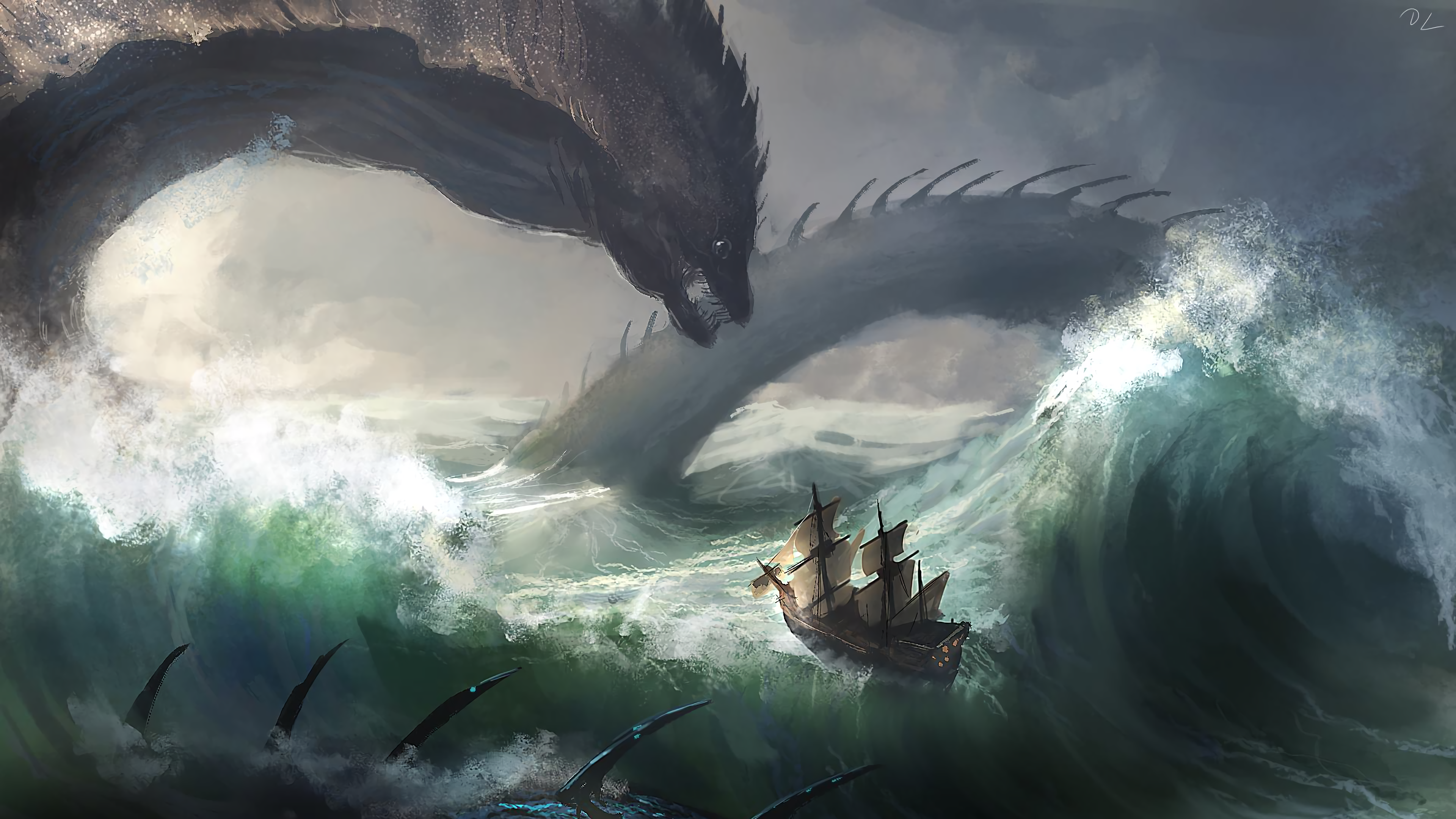 Hydra Fantasy Art Creature Sailing Ship Sea Artwork 3840x2160