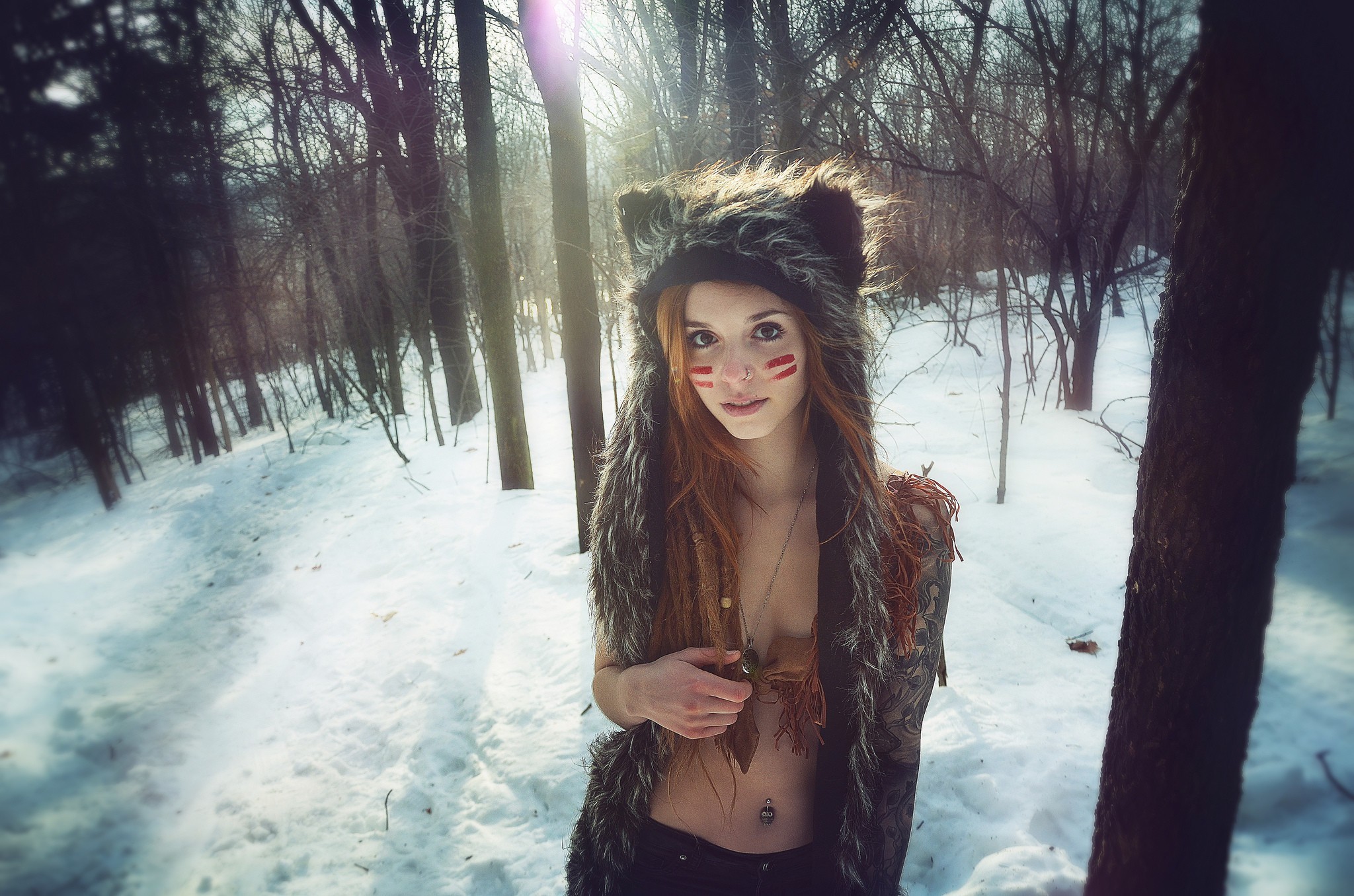 Redhead Forest Snow Women Open Mouth Women Outdoors Looking At Viewer Face Paint Necklace Trees Hat  2048x1356