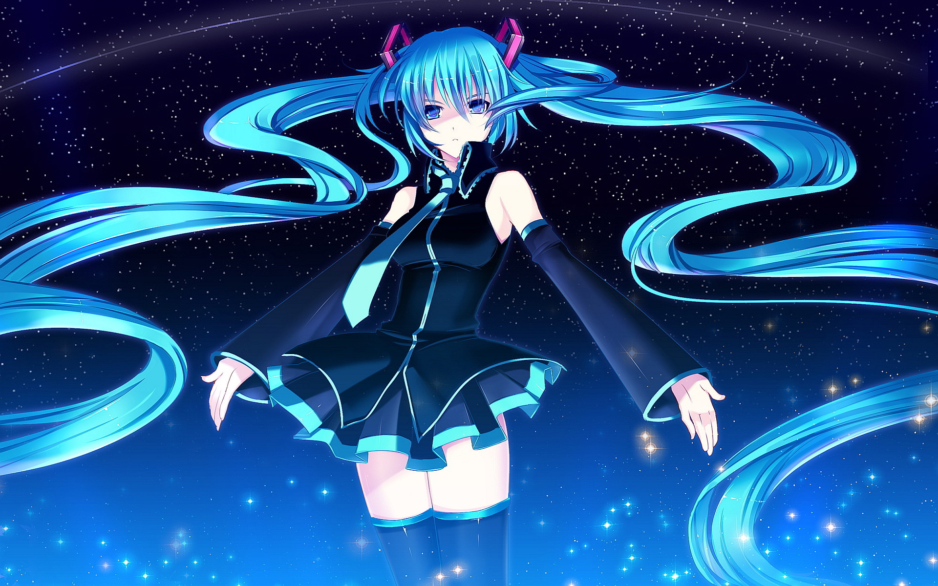Stars Long Hair Necktie Sleeveless Top Detached Sleeves Boots Thigh Highs Blue Hair Twintails Vocalo 1920x1200