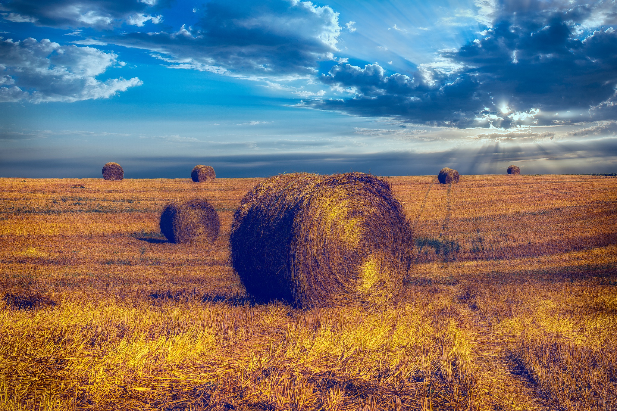 Haystack Field Summer Nature Sunbeam Sky Cloud 2048x1365