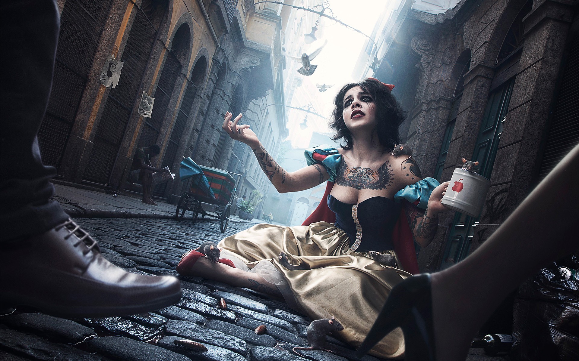 Tattoo Mice High Heels Snow White Pavements Digital Art Street Cup Makeup Fantasy Art Fantasy Girl R 1920x1200