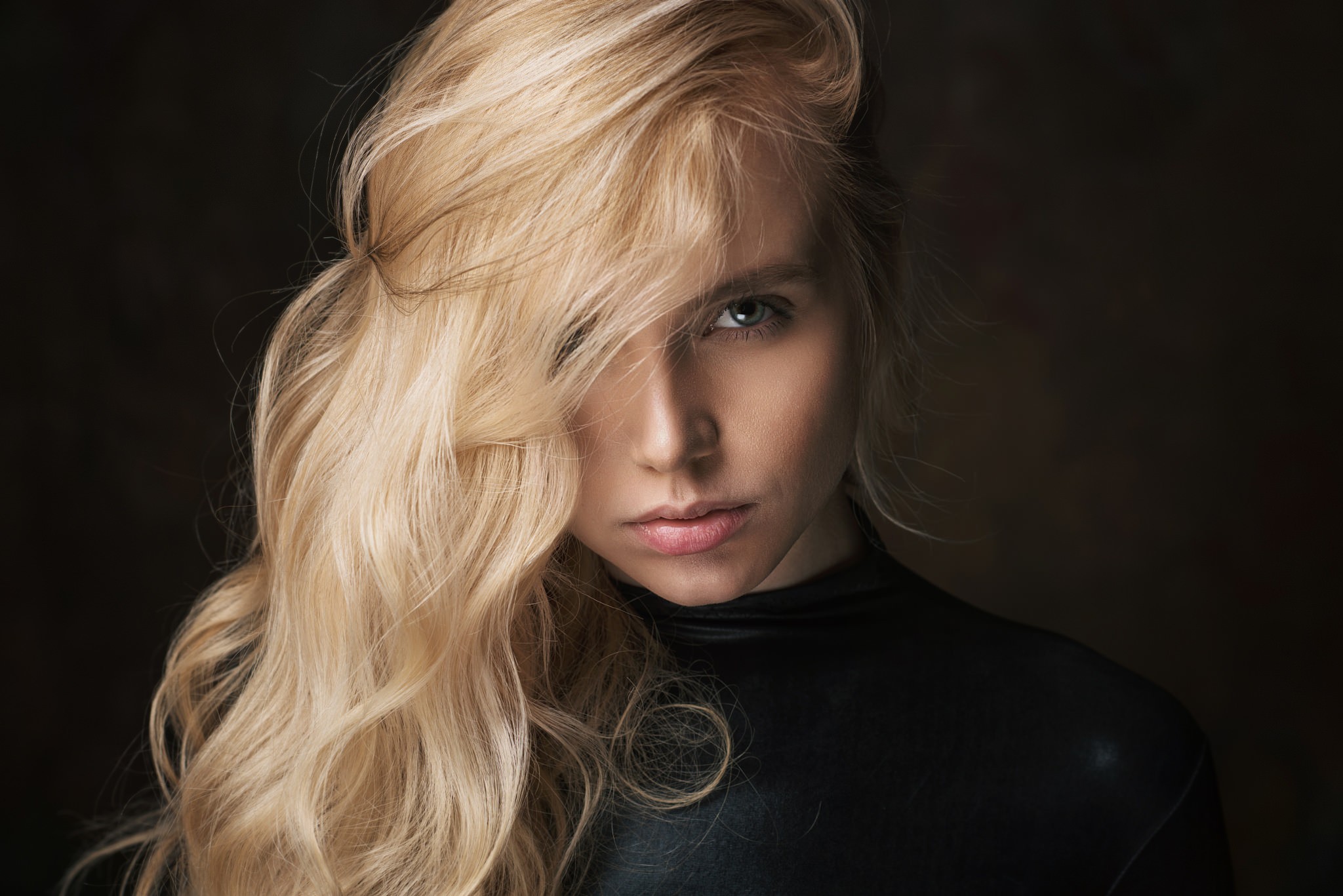 Maria Popova Women Blonde Face Portrait Model Hair In Face Black Clothing Black Clothes Leather Clot 2048x1367