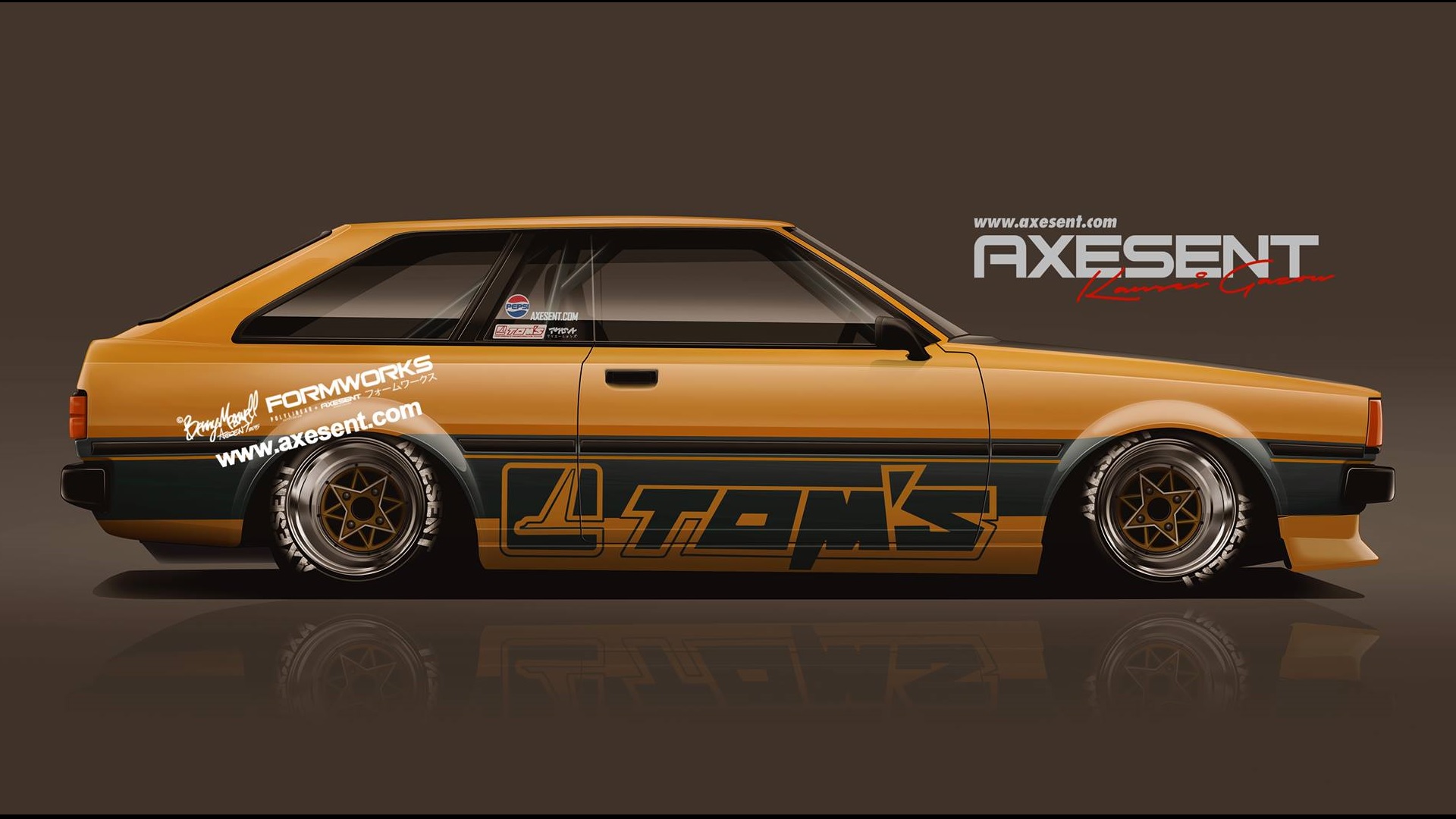 Axesent Creations Toyota Corolla Render JDM Toyota Japanese Cars Side View Yellow Cars Digital Art 1920x1080