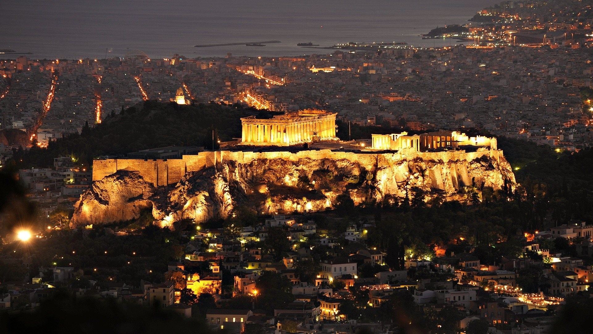 Architecture Old Building Lights Evening City Athens Greece Cityscape Rock Acropolis Hills Sea House 1920x1080