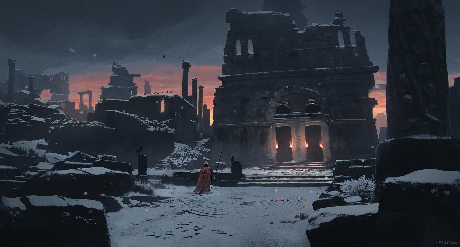 Ruins Soldier Spear Snow Building Sunset Torches 1920x1032