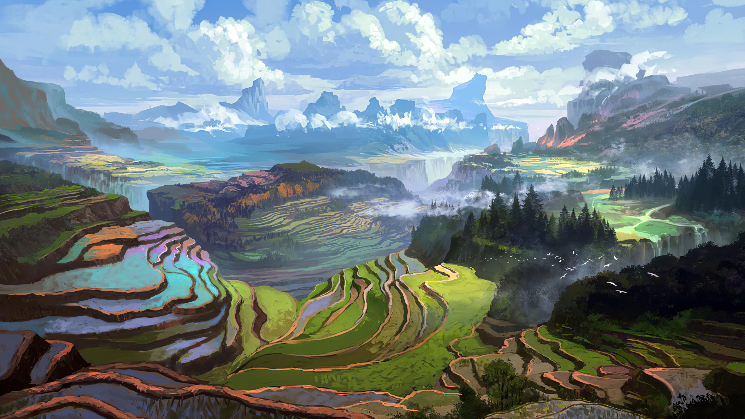 Landscape Nature Digital Mountains Clouds Daylight Concept Art Rice Terrace Illustration 2560x1440