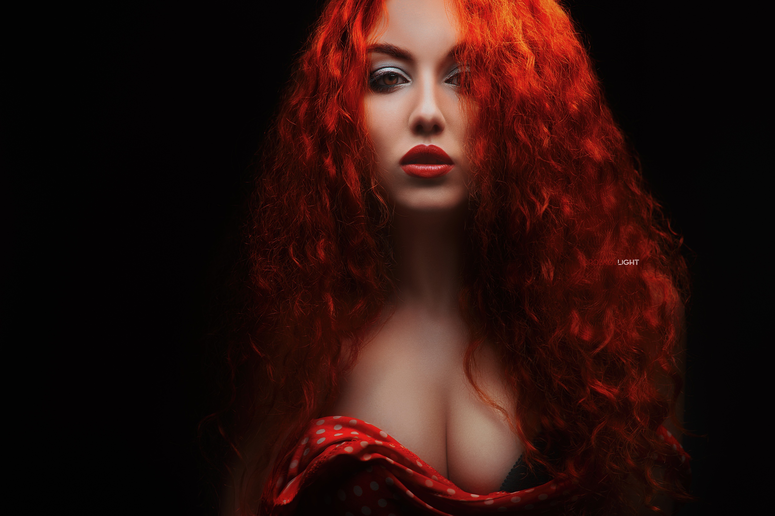 Alexander Drobkov Women Model Redhead Long Hair Simple Background Black Background Makeup Red