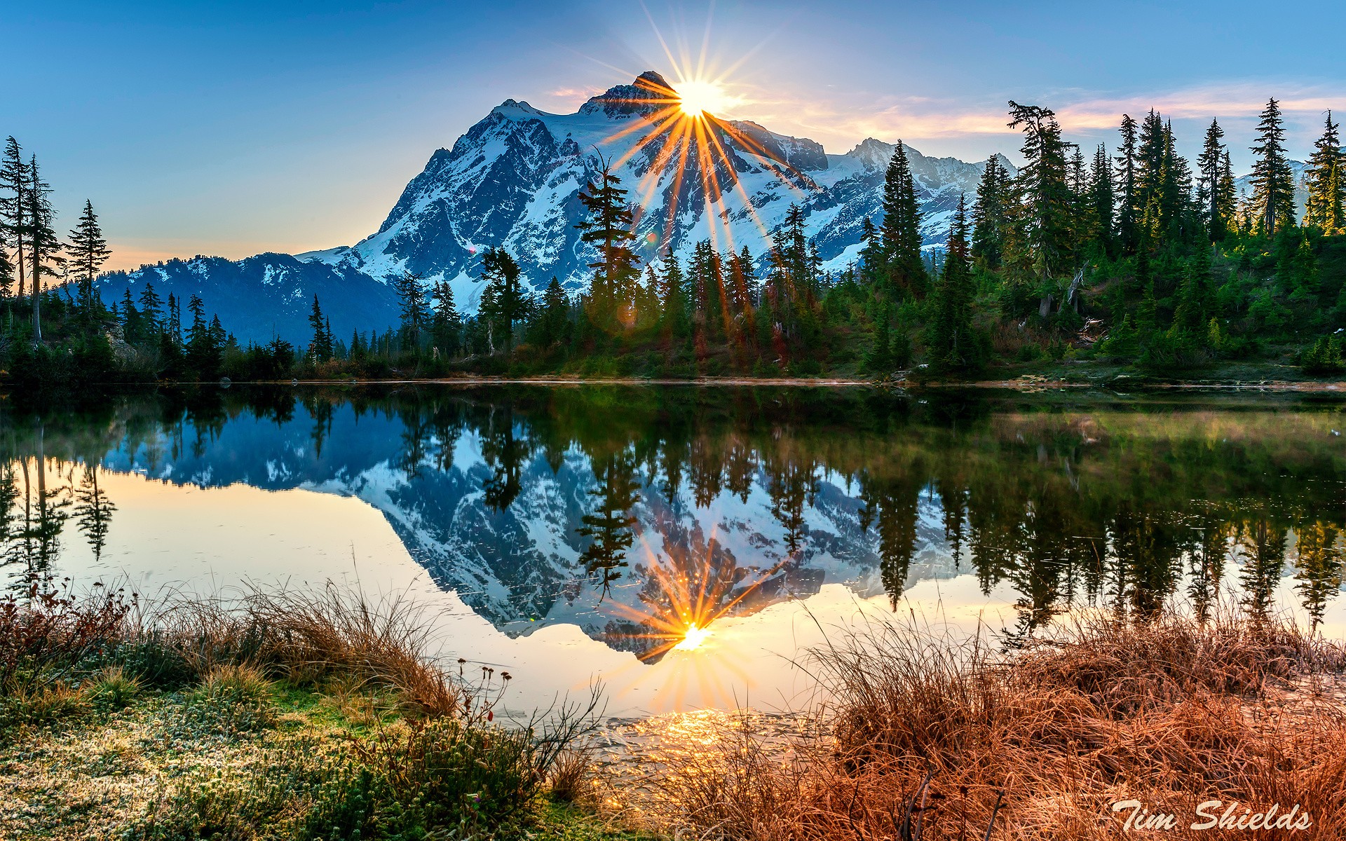 Nature Landscape Lake Mountains Sun Rays Reflection Lens Flare Washington State Stratovolcano 1920x1200