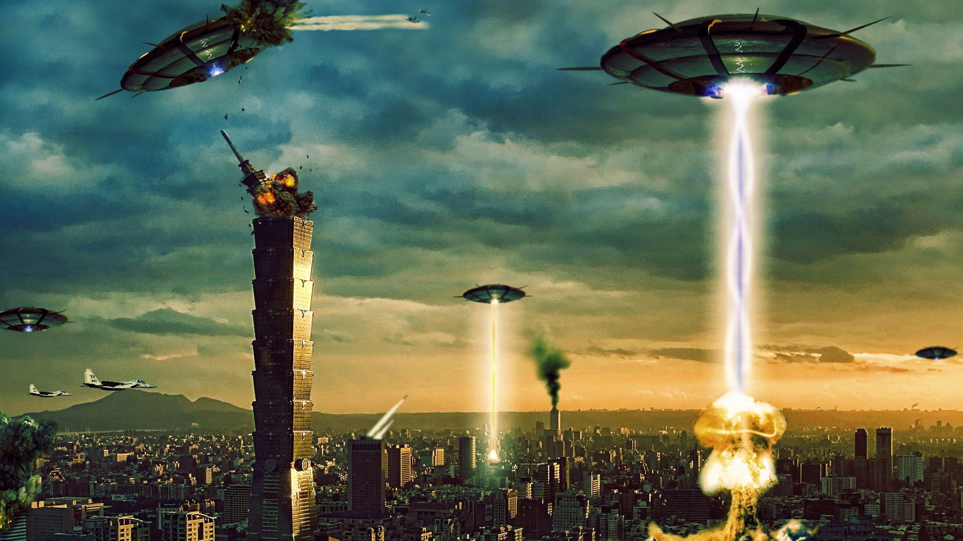 Aliens Digital Art Fantasy Art Destruction UFOs 1920x1080