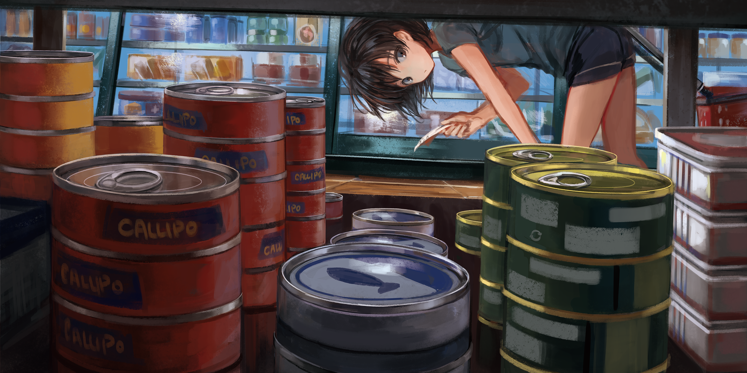 Anime 2D Digital Art Artwork Can Food Markets 2412x1206