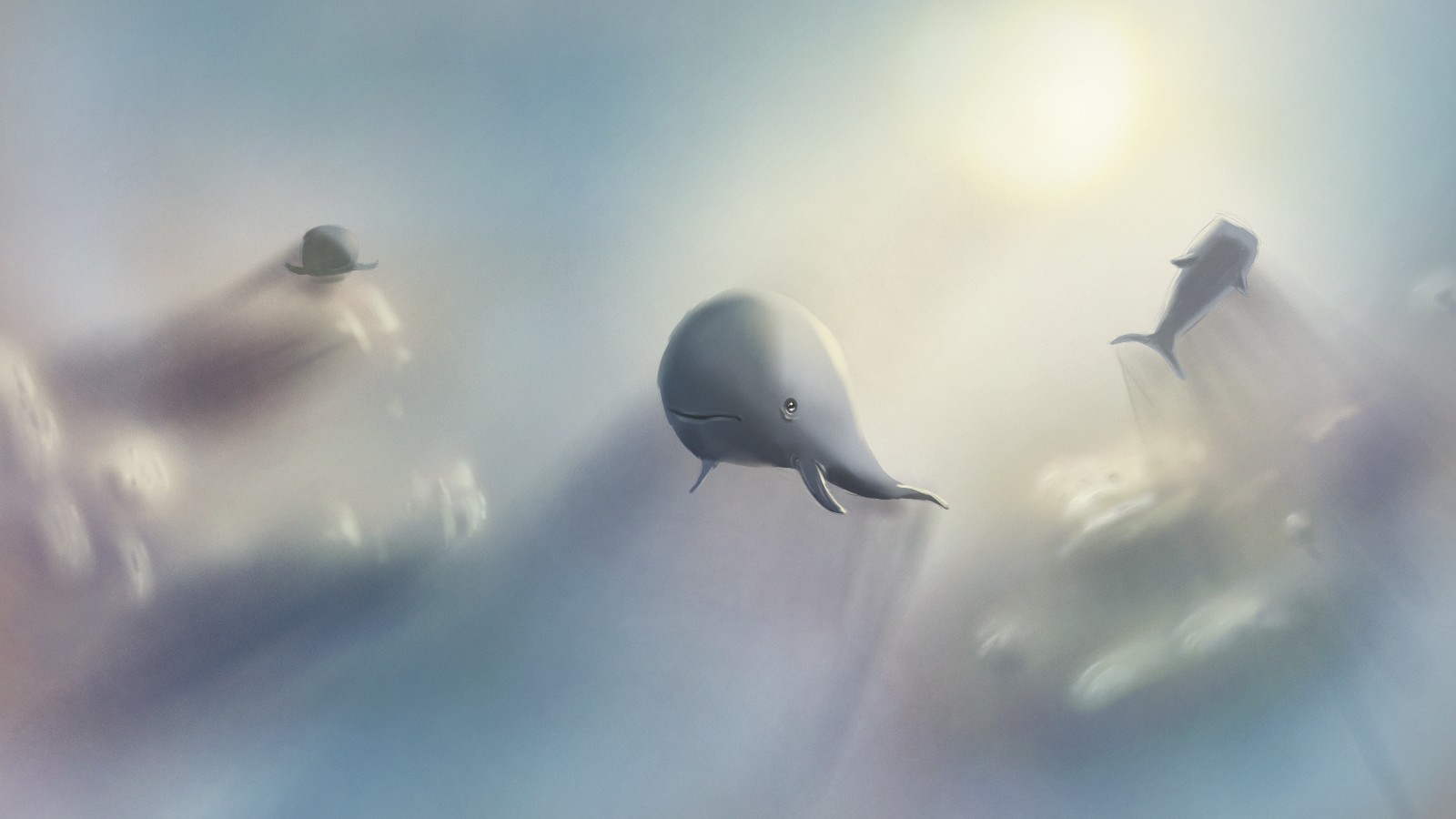 Digital Art Illustration Nature Flying Whale Moby Dick Clouds Sky Fairy Tale Sunlight Sun 1600x900