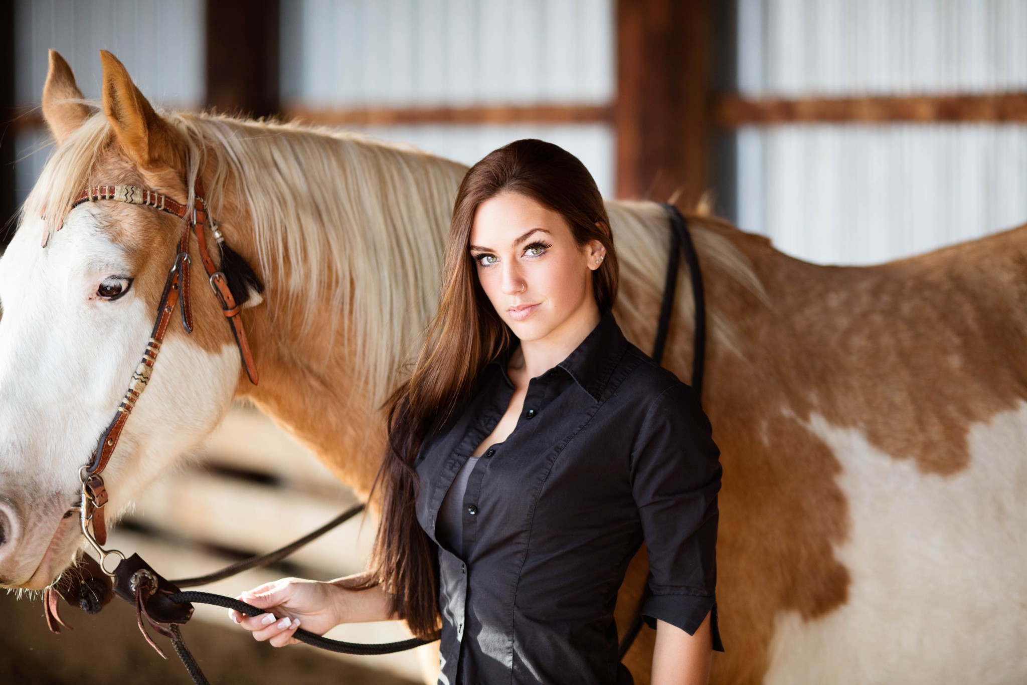 Women Model Portrait Long Hair Horse Animals Equine Shirt Nose Rings Black Shirt Women With Horse 2048x1366