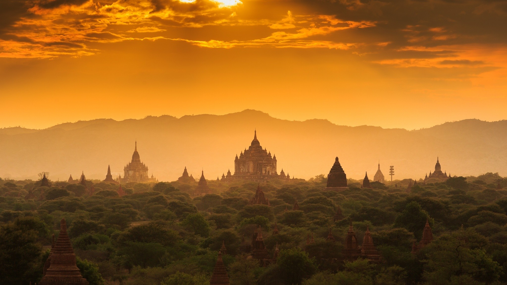 Nature Architecture Landscape Sunlight Mist Cambodia Hills Clouds Trees Tower Jungle Old Building Su 2048x1152