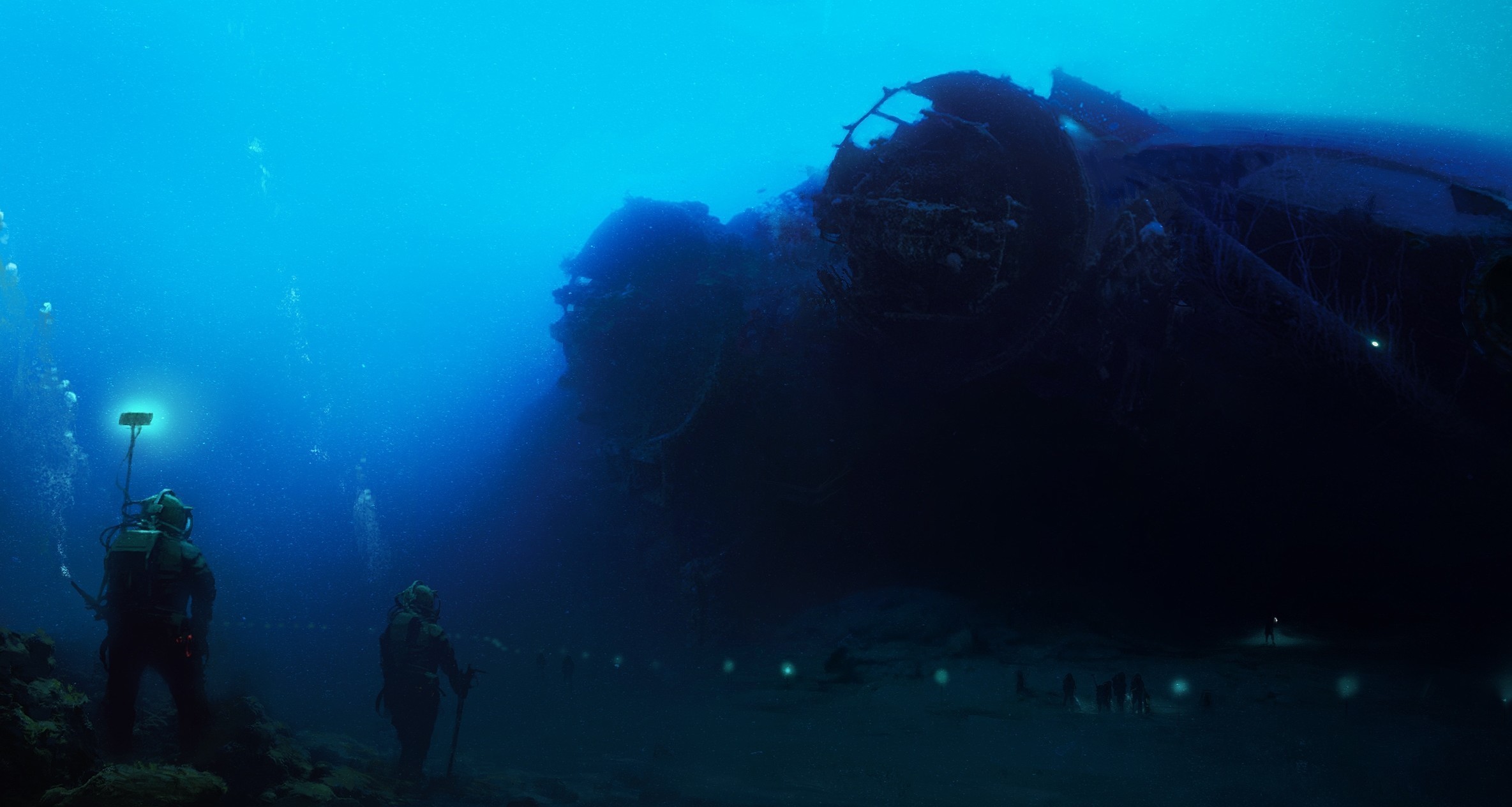 Divers Underwater Wreck Blue Cyan 2369x1264