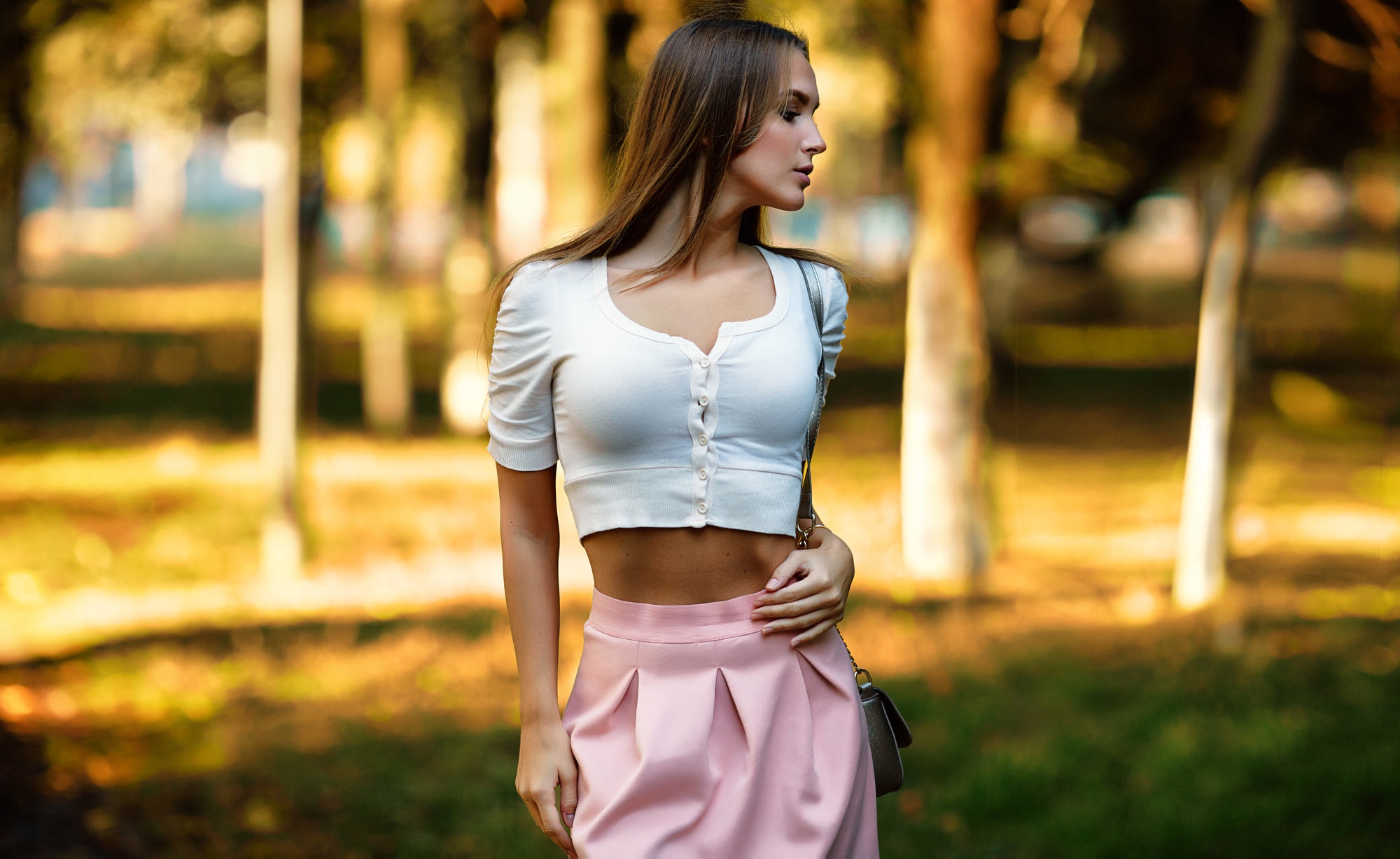 Women Outdoors Women Peter Paszternak White Sweater Pink Skirt Brunette Looking Away Elena Butusova  2000x1227
