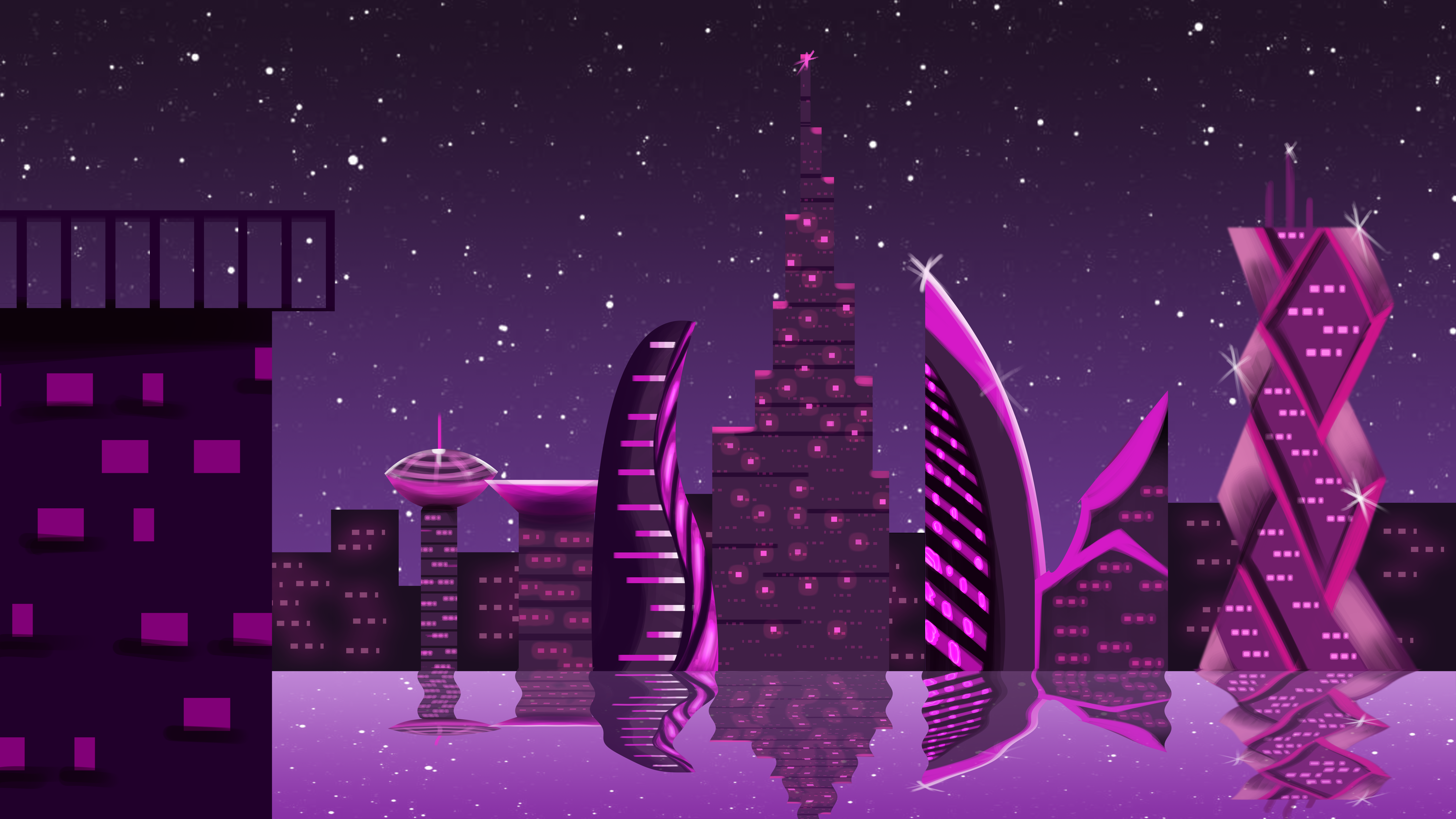 Landscape Architecture Burj Khalifa Purple Neon Night Night Sky Purple Sky Monochrome Stars Starry N 7680x4320