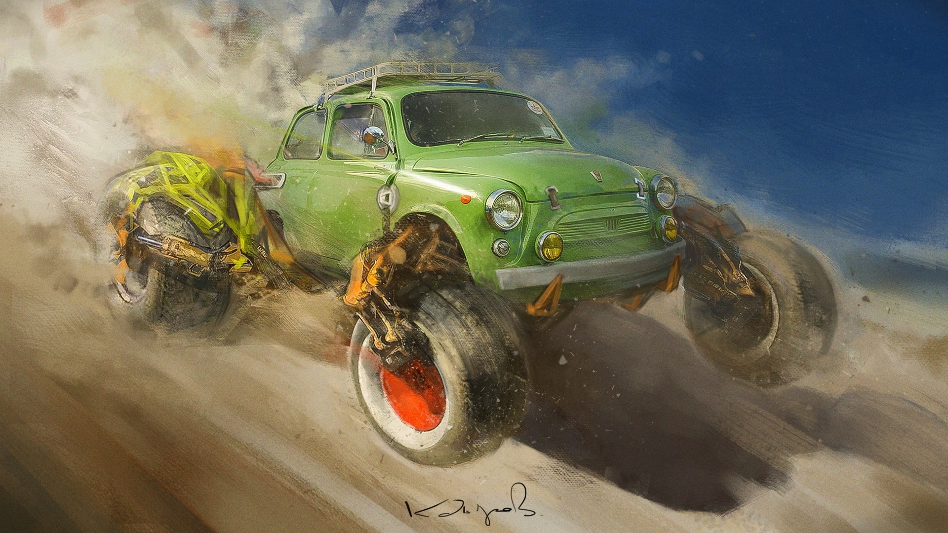 Digital Art Fantasy Art Car Artwork Russian Russian Cars Sand Monster Trucks Green Cars ZAZ 1920x1080