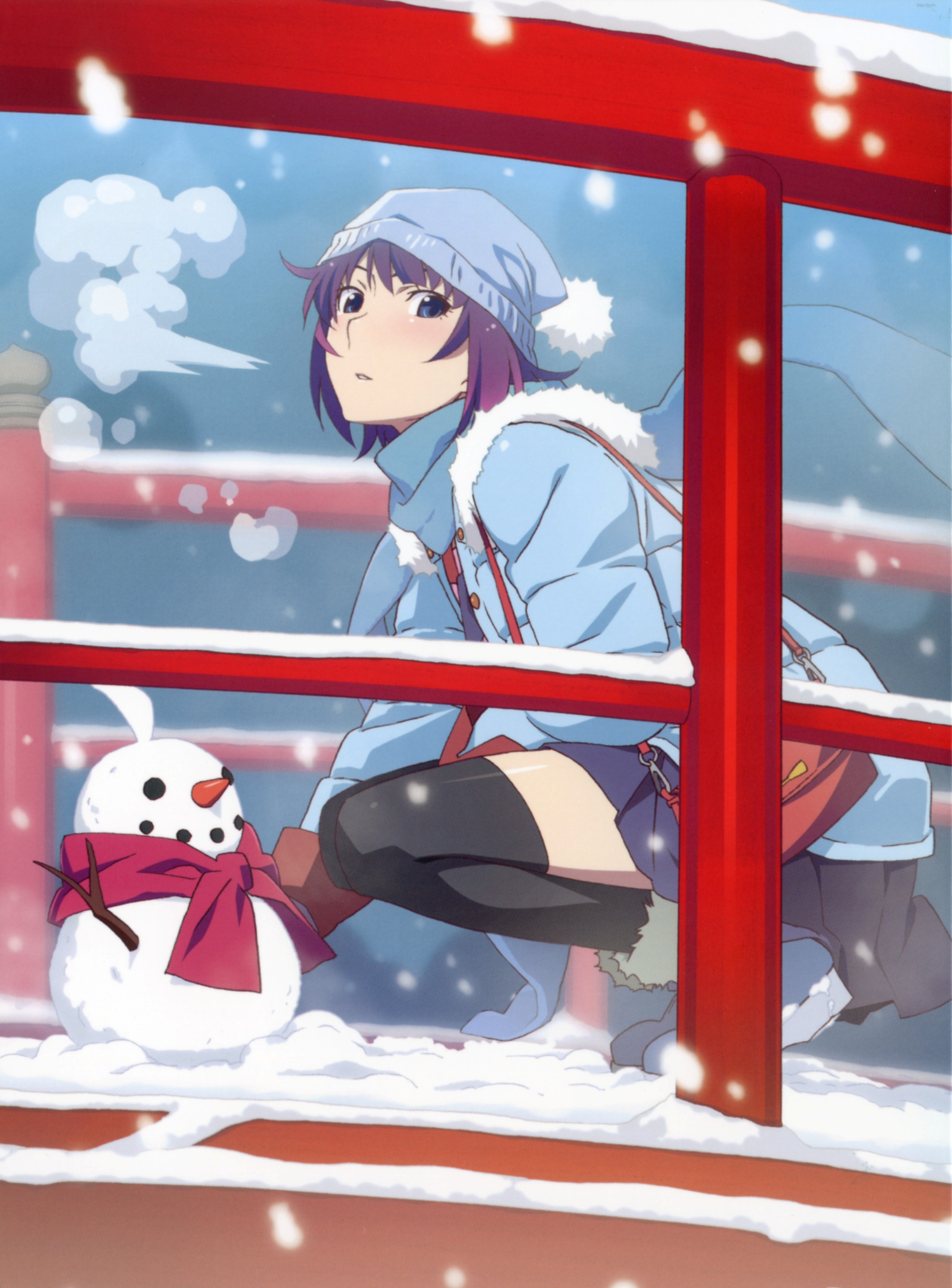 Senjougahara Hitagi Monogatari Series Thigh Highs Anime Girls Anime Snowmen Snow Purple Hair Hat Col 3282x4440