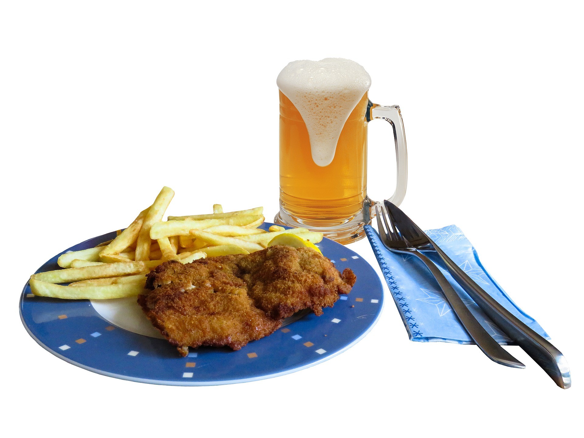 Food Dishes French Fries Fork Table Knife Napkin Mugs Beer Foam 1920x1440