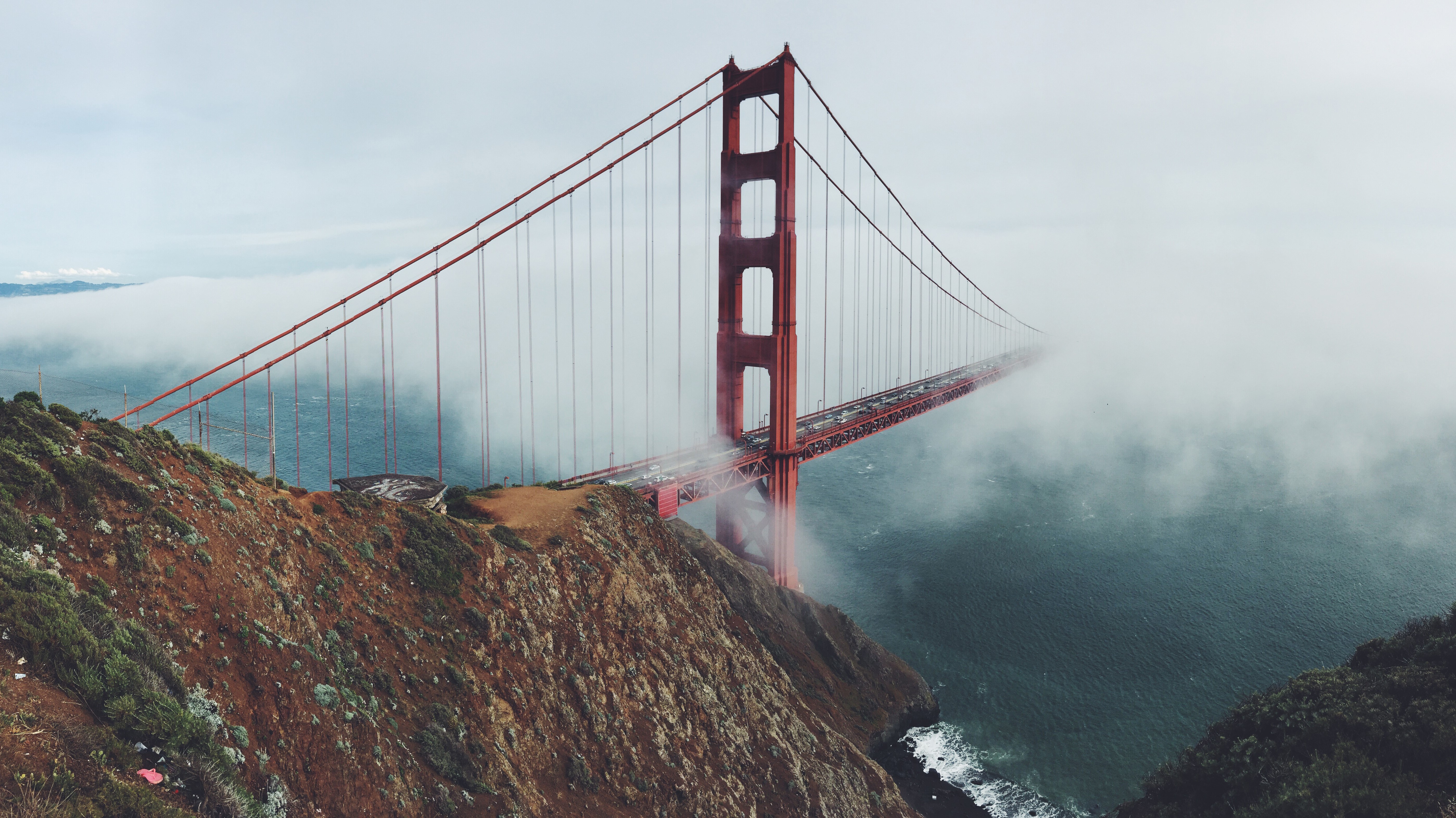 Bridge Mist Sea Sky Golden Gate Bridge Waves 5595x3147
