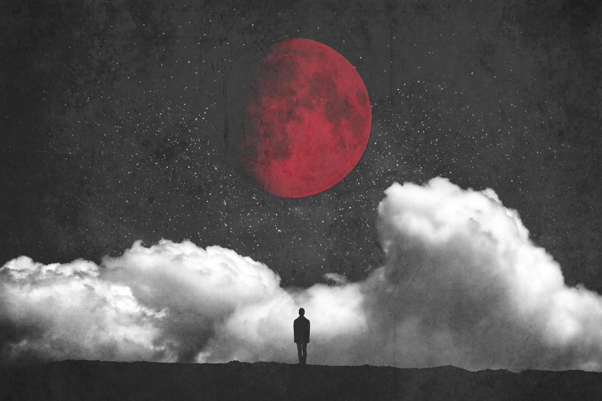 Fantasy Art Red Moon Moon Clouds Minimalism Silhouette 2048x1365
