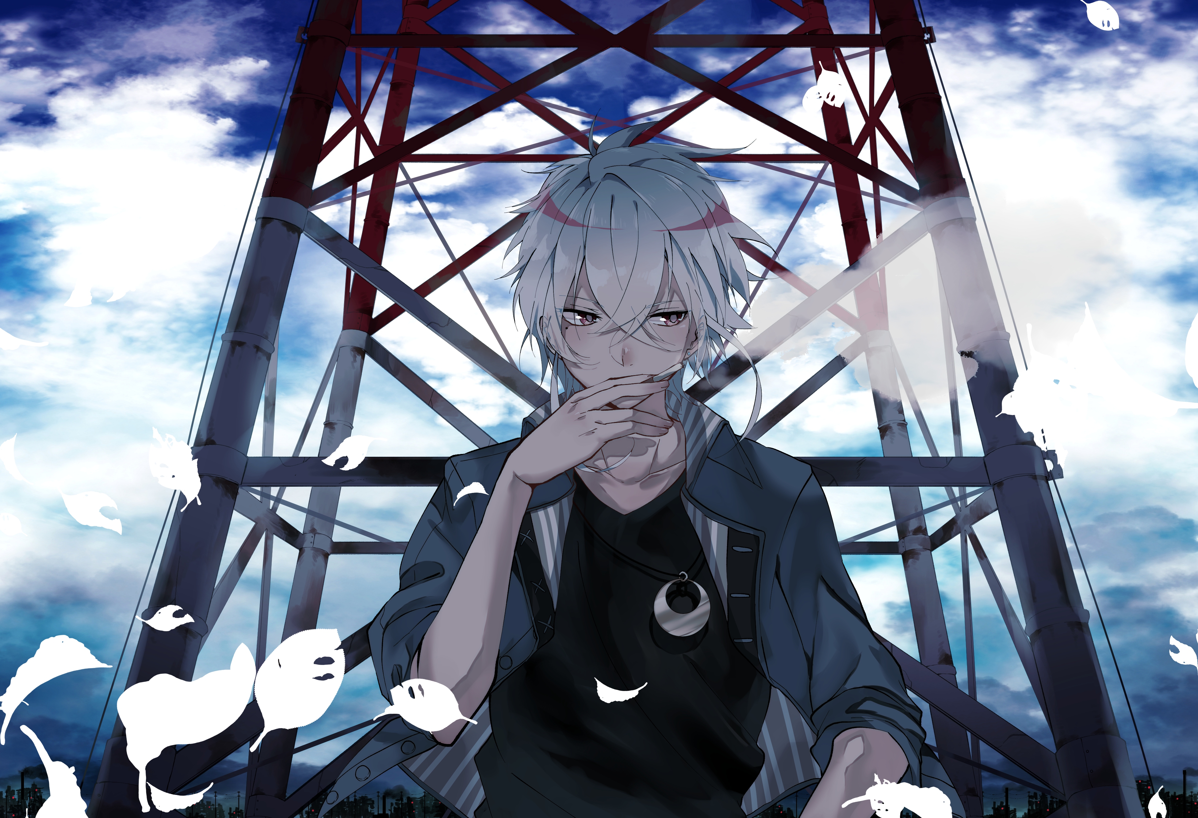 Smoking Tower Male Feathers Sky Clouds Anime Necklace White Hair Smoke Frontal View Cigarettes Looki 3907x2667