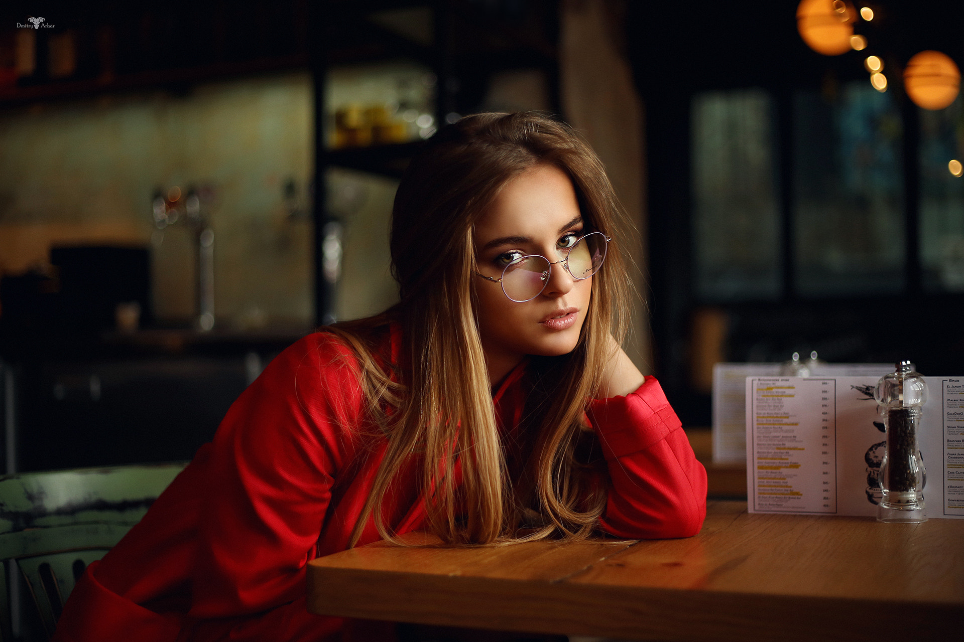 Women Dmitry Arhar Blonde Sitting Chair Table Women With Glasses Pink Lipstick Red Clothing Cafes Ca 1920x1280