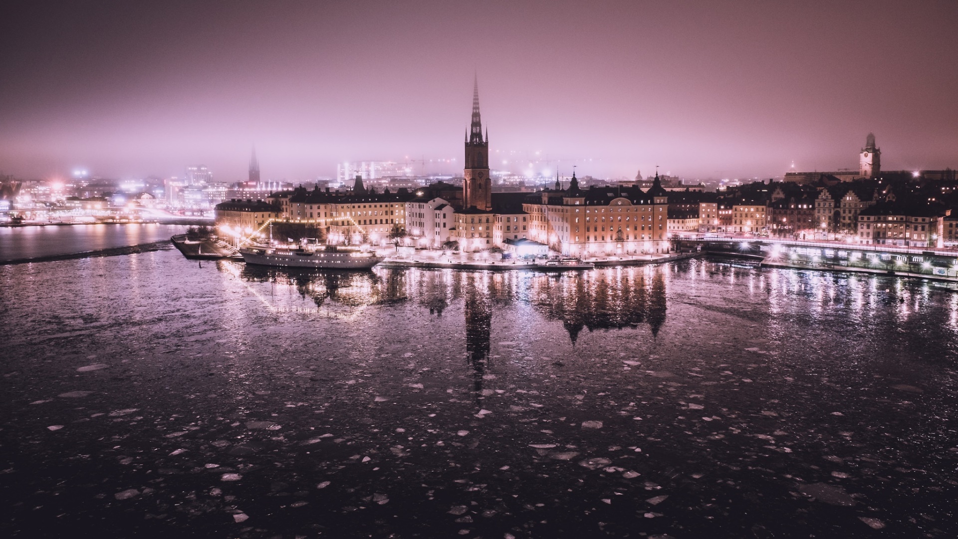 Cityscape Stockholm Sky Water Night Lights 1920x1080