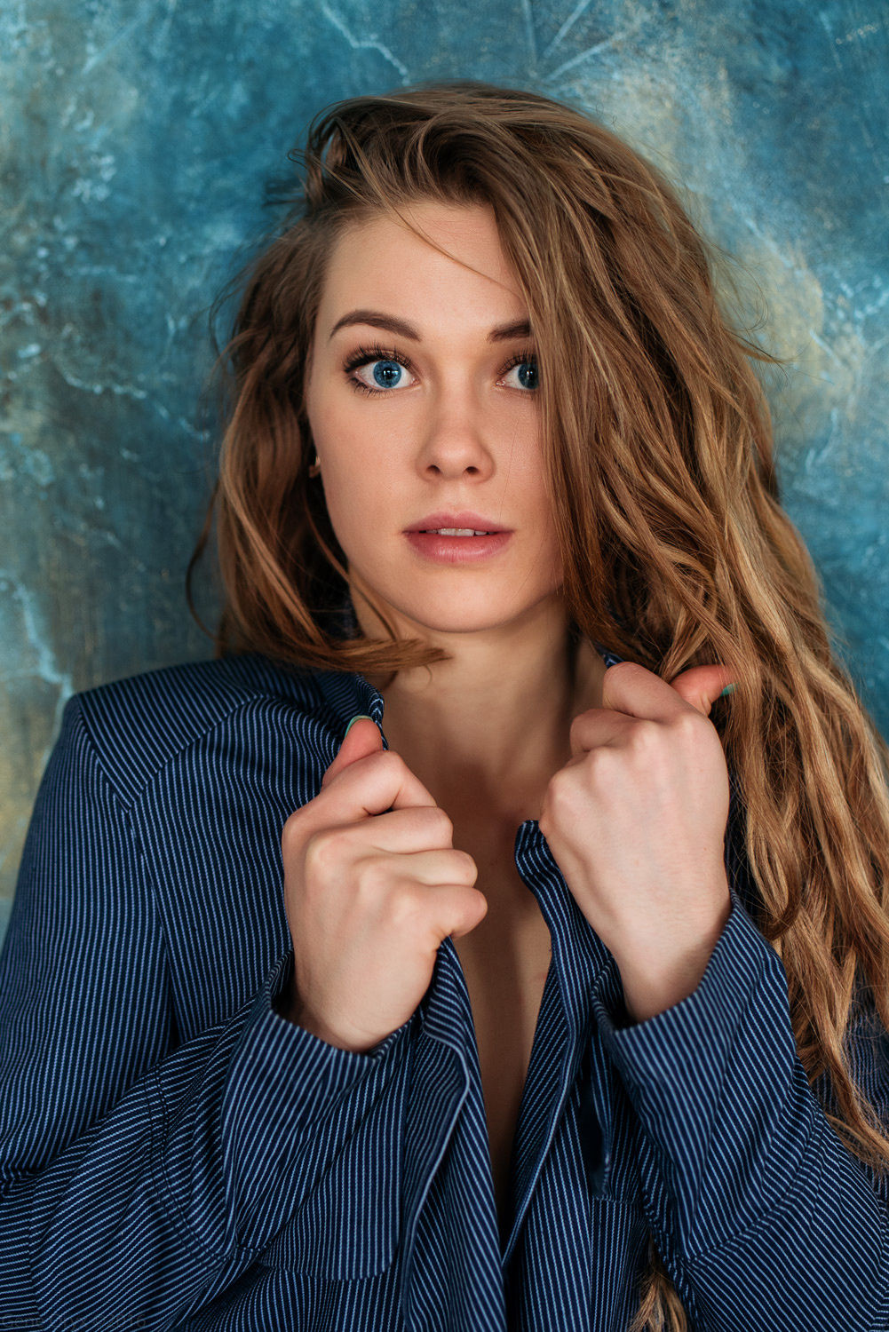 Konstantin Kryukovskiy Women Brunette Long Hair Wavy Hair Blue Eyes Shirt Stripes Portrait Wall Blue 1001x1500