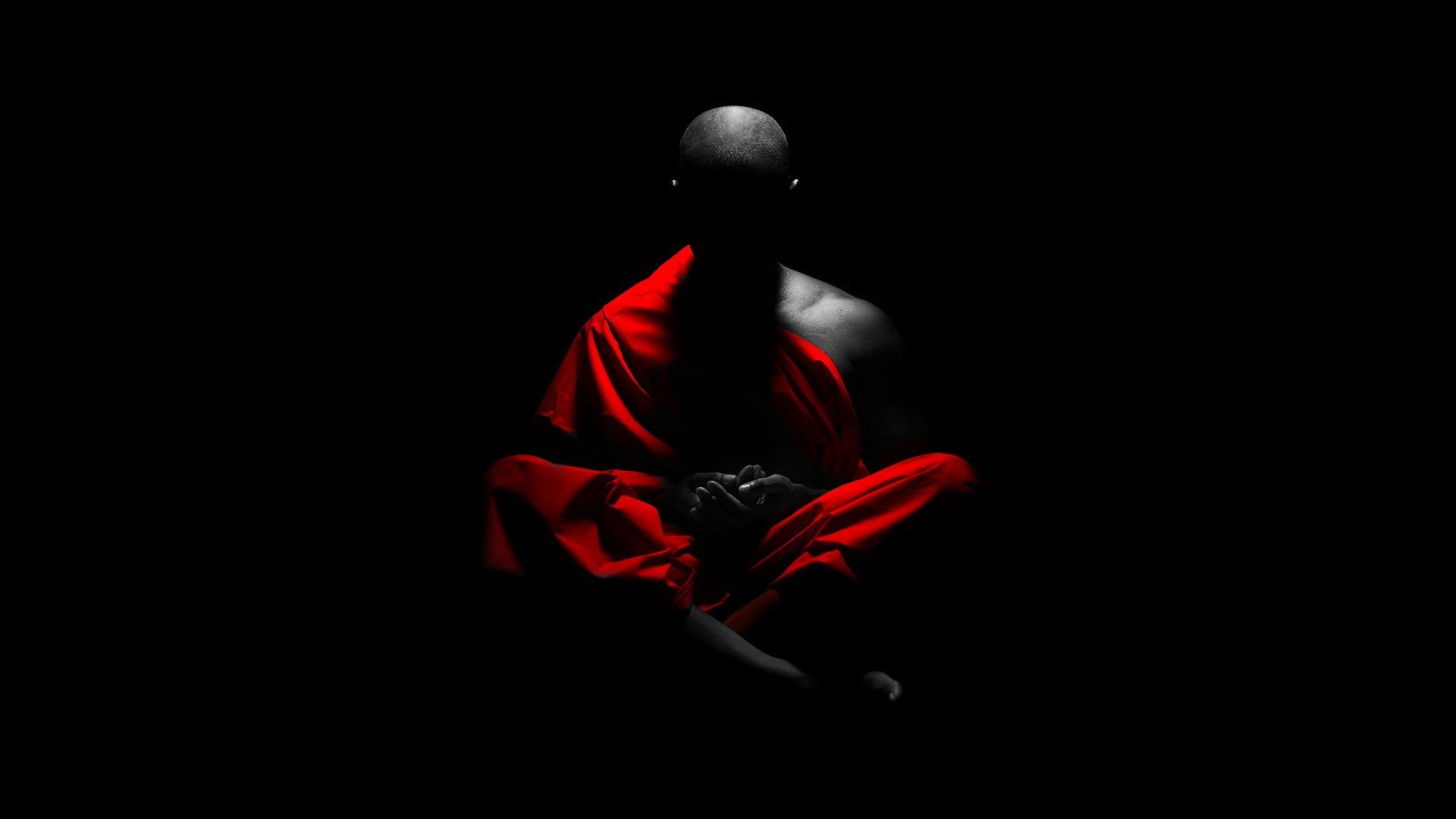 Selective Coloring Meditation Monks Black Background 1920x1080