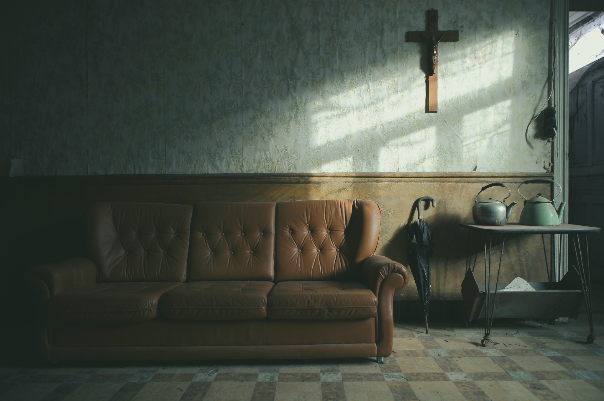 Interior Photography Abandoned Couch Cross Jesus Christ Wall Umbrella Kettle Sunlight Shadow 2048x1359
