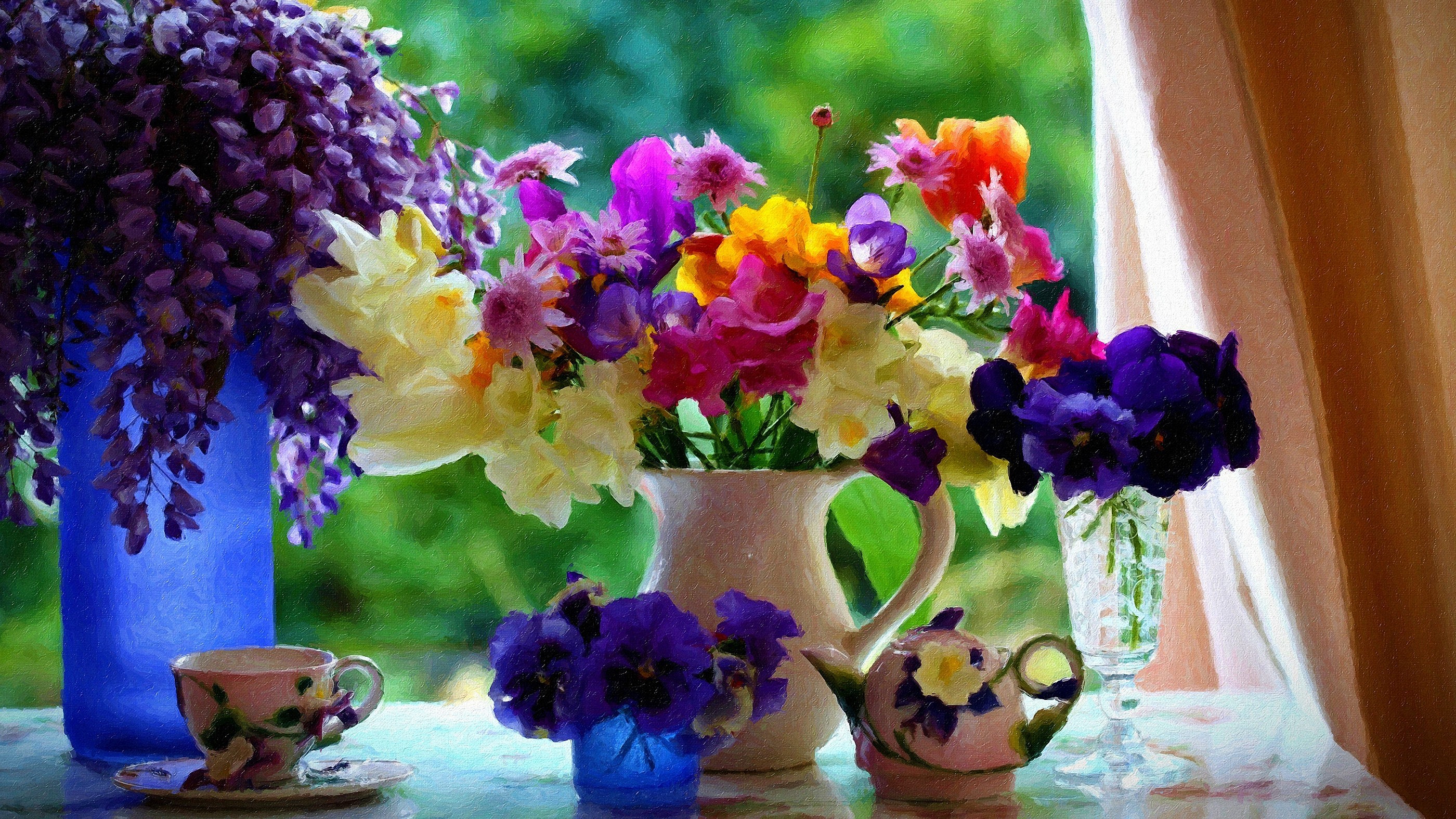 Flowers Vases Pansies Bouquets Cup Painting 2800x1575