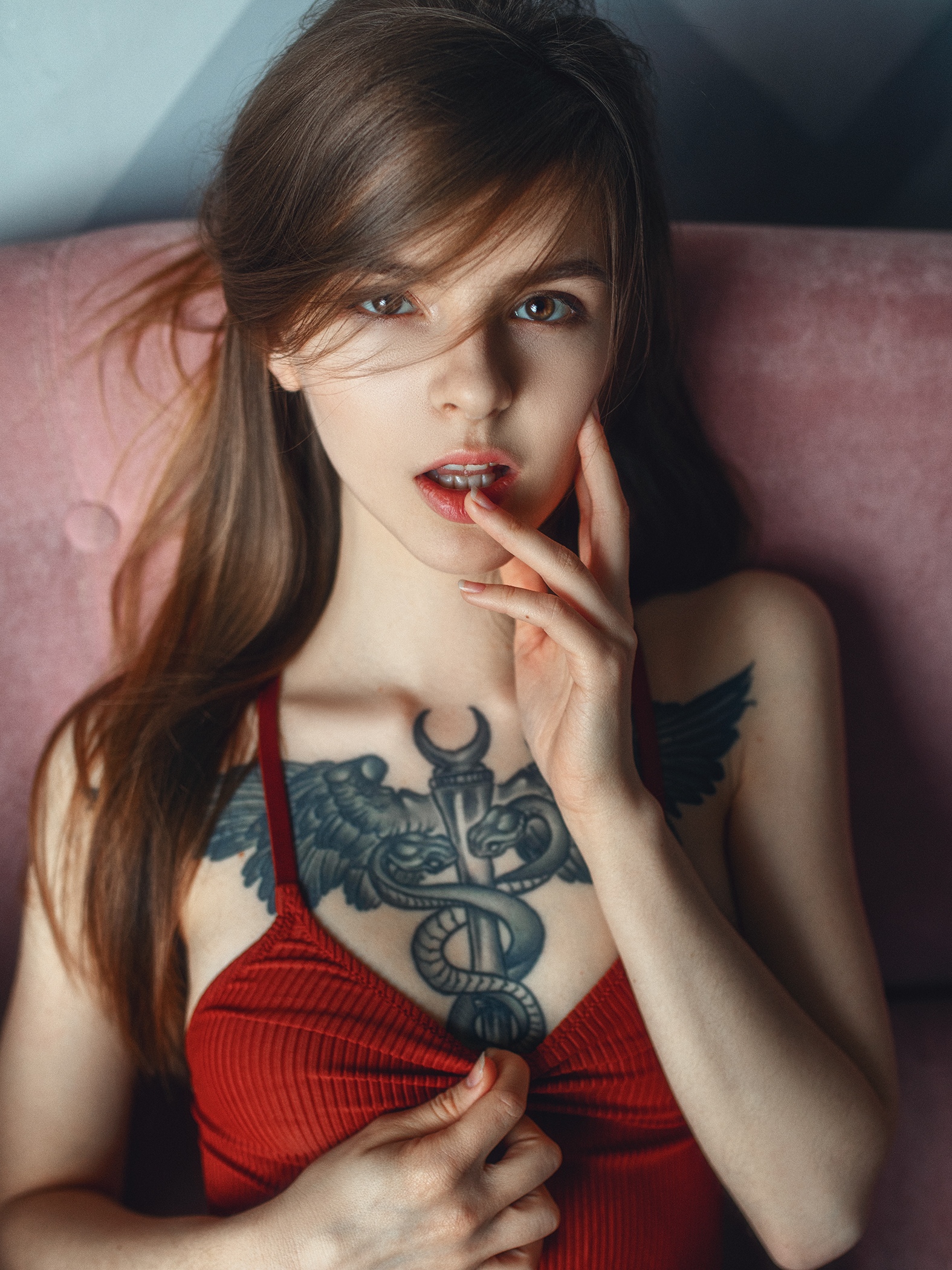 Brunette Portrait Display Brown Eyes Finger On Lips Pink Lipstick Tank Top Tattoo Looking At Viewer  1575x2100