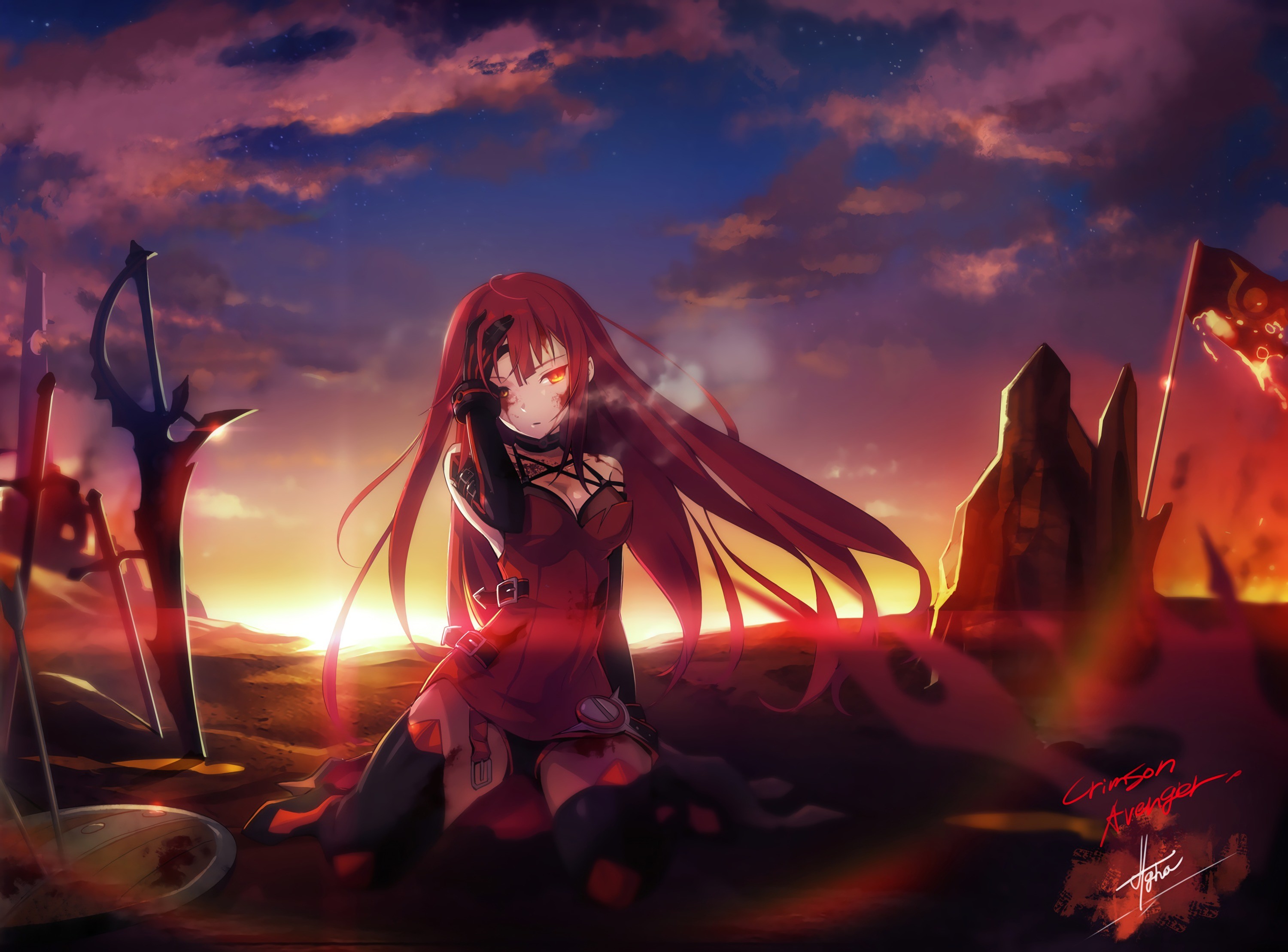 Anime Anime Girls Crimson Avenger Elsword Long Hair Redhead Red Eyes Sword Weapon 3000x2218