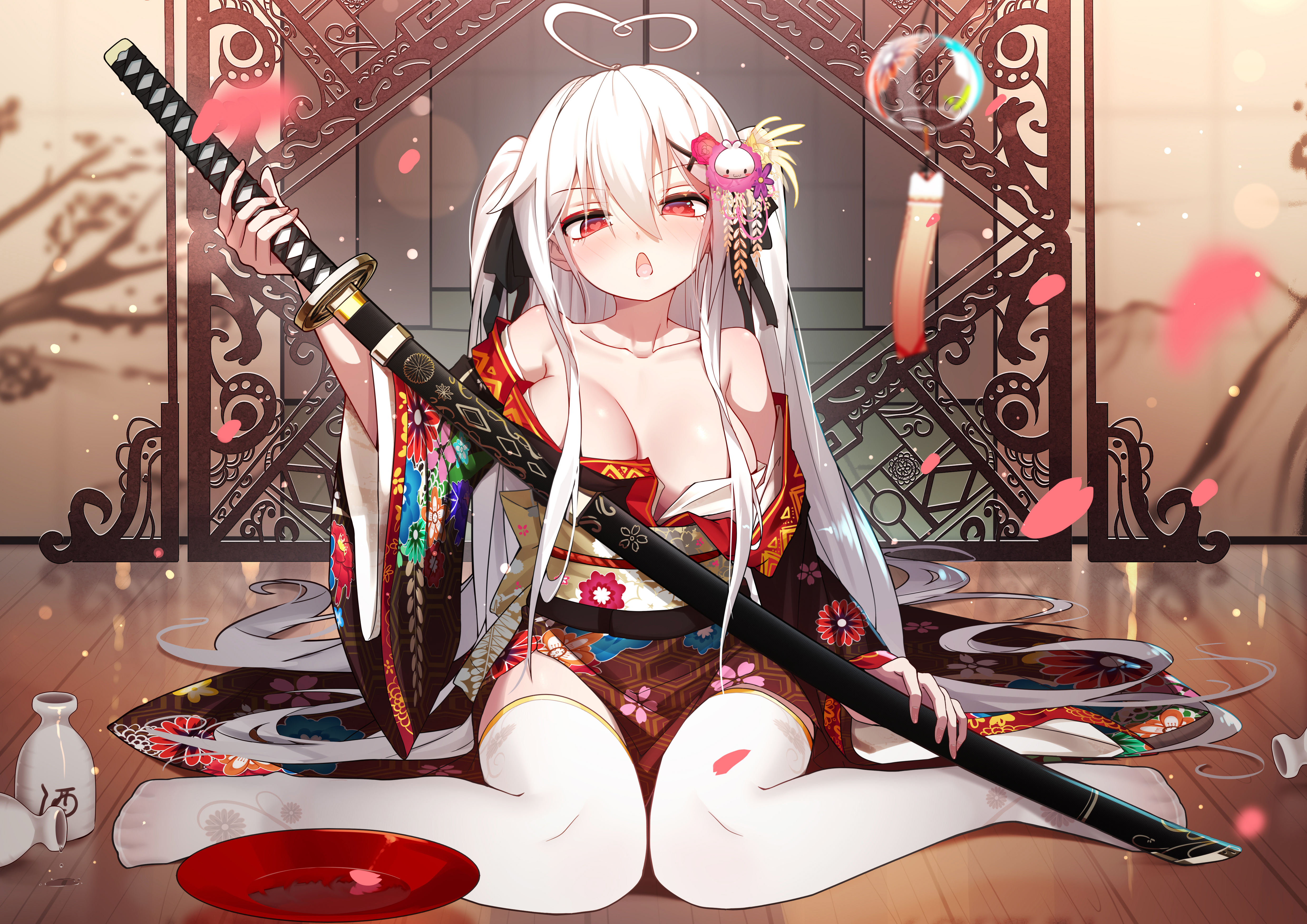 Tokisaki Mio White Hair Weapon Twintails Sword Sake Red Eyes Long Hair Kimono Katana Japanese Clothe 4960x3507