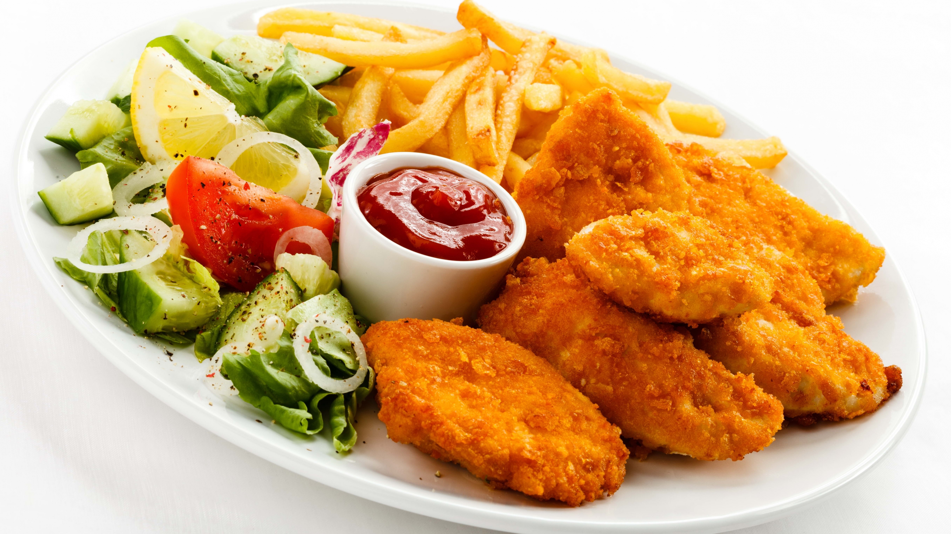 Fried Chicken French Fries Ketchup Food 3840x2160