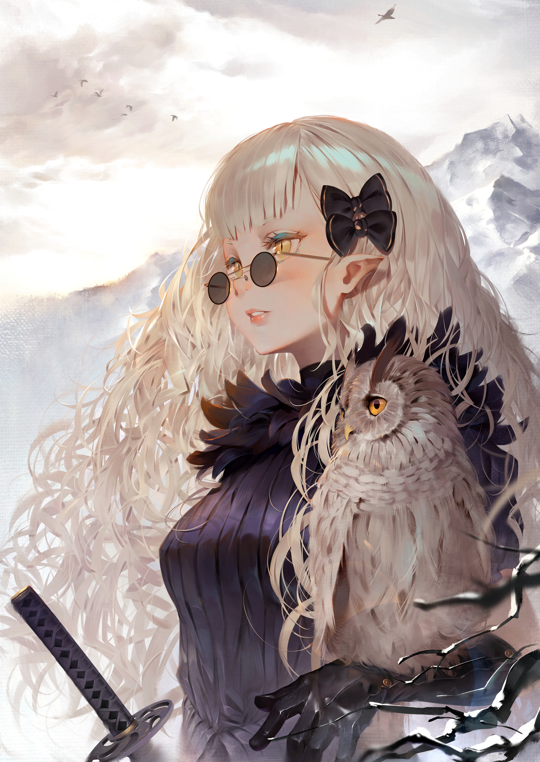 Anime Anime Girls Mountains Sword Katana Gloves Owl Yellow Eyes Pointy Ears Glasses Hair Ornament Lo 2098x2962