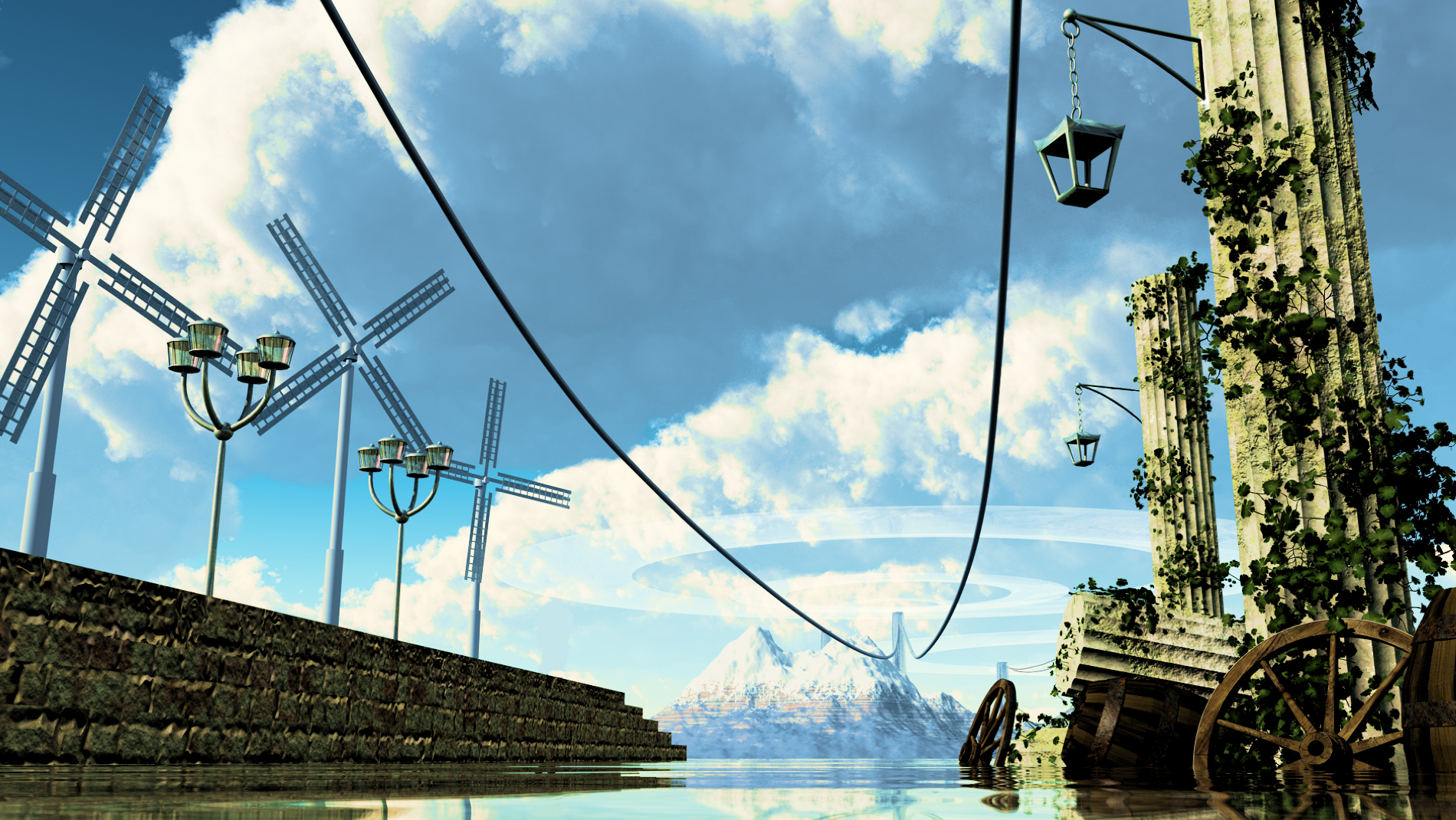 Original Anime Windmill Sky Cloud Blue Columns Water Mountain 3D CGi 1900x1070