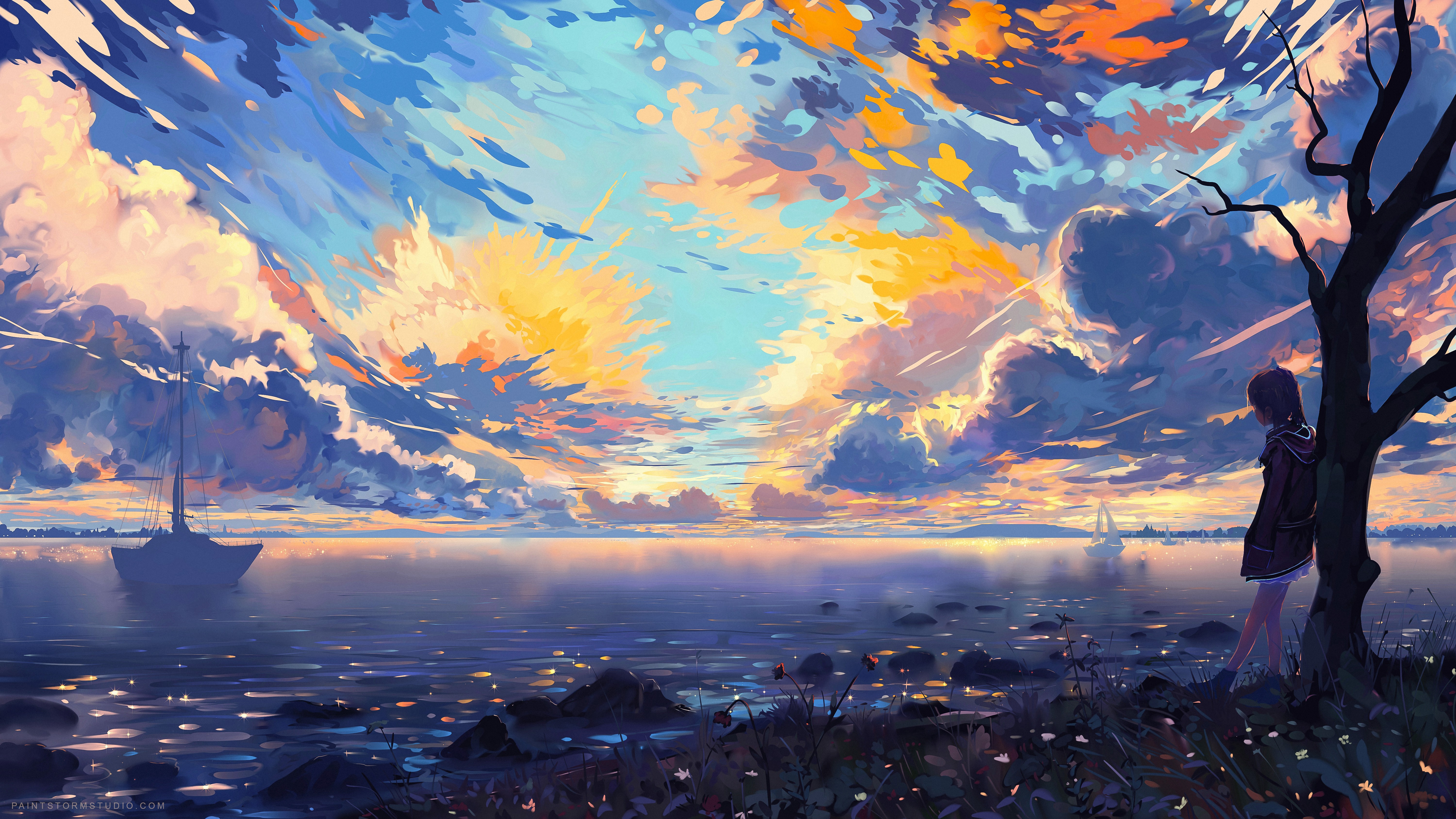 Landscape Digital Art Coast Sky Anime Anime Girls Water Clouds Nature Trees DeviantArt Hangmoon 6000x3375