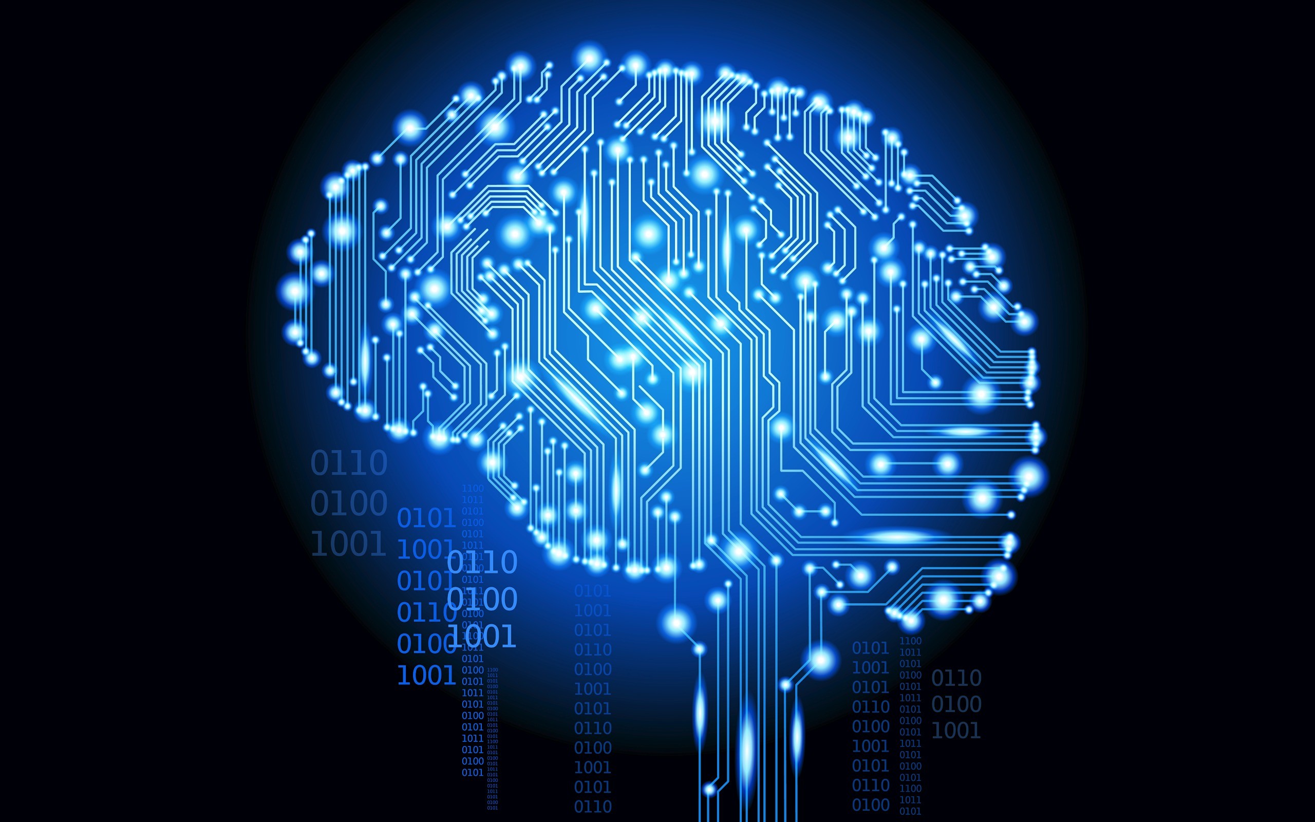 Brain Digital Art Artificial Intelligence Glowing Binary Cyan Black Background Simple Blue 2560x1600