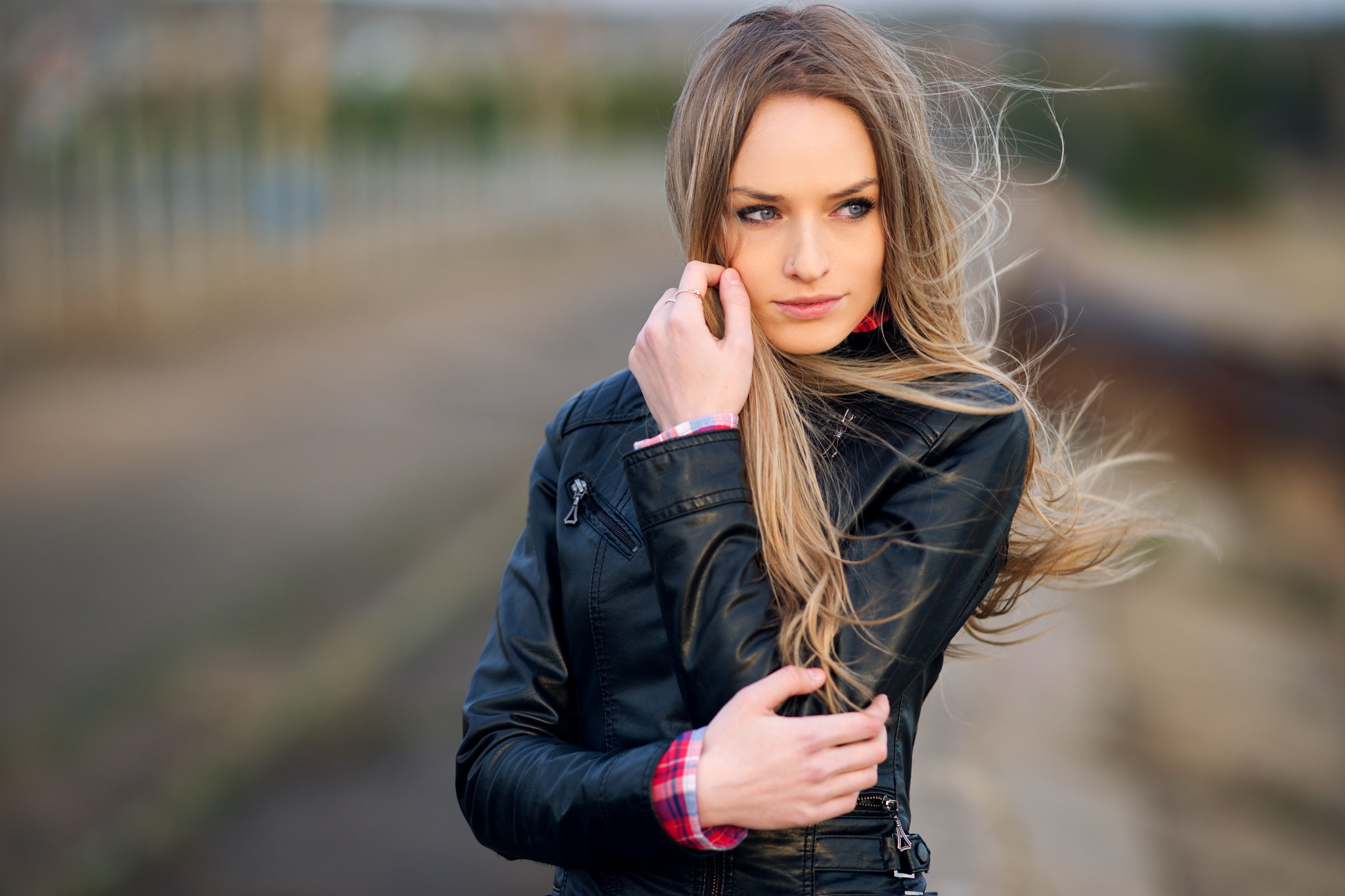 Women Blonde Blue Eyes Leather Jackets Hands In Hair Portrait Pierced Nose Nikita Zavolokin Looking  2048x1365