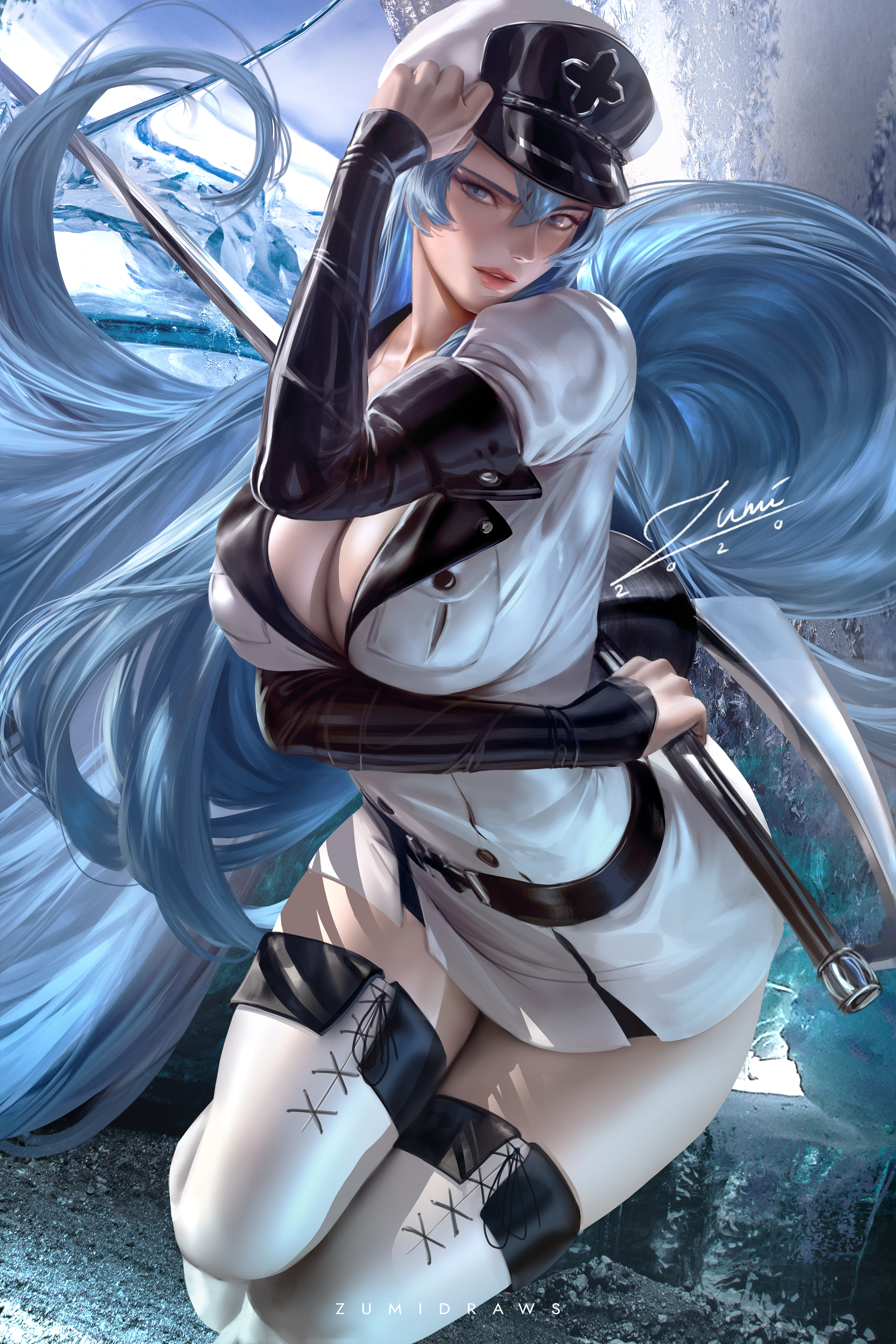 Esdeath Esdeath Akame Ga Kill Akame Ga Kill Anime Girls Anime Fantasy Girl Blue Hair Long Hair Beret 2339x3508