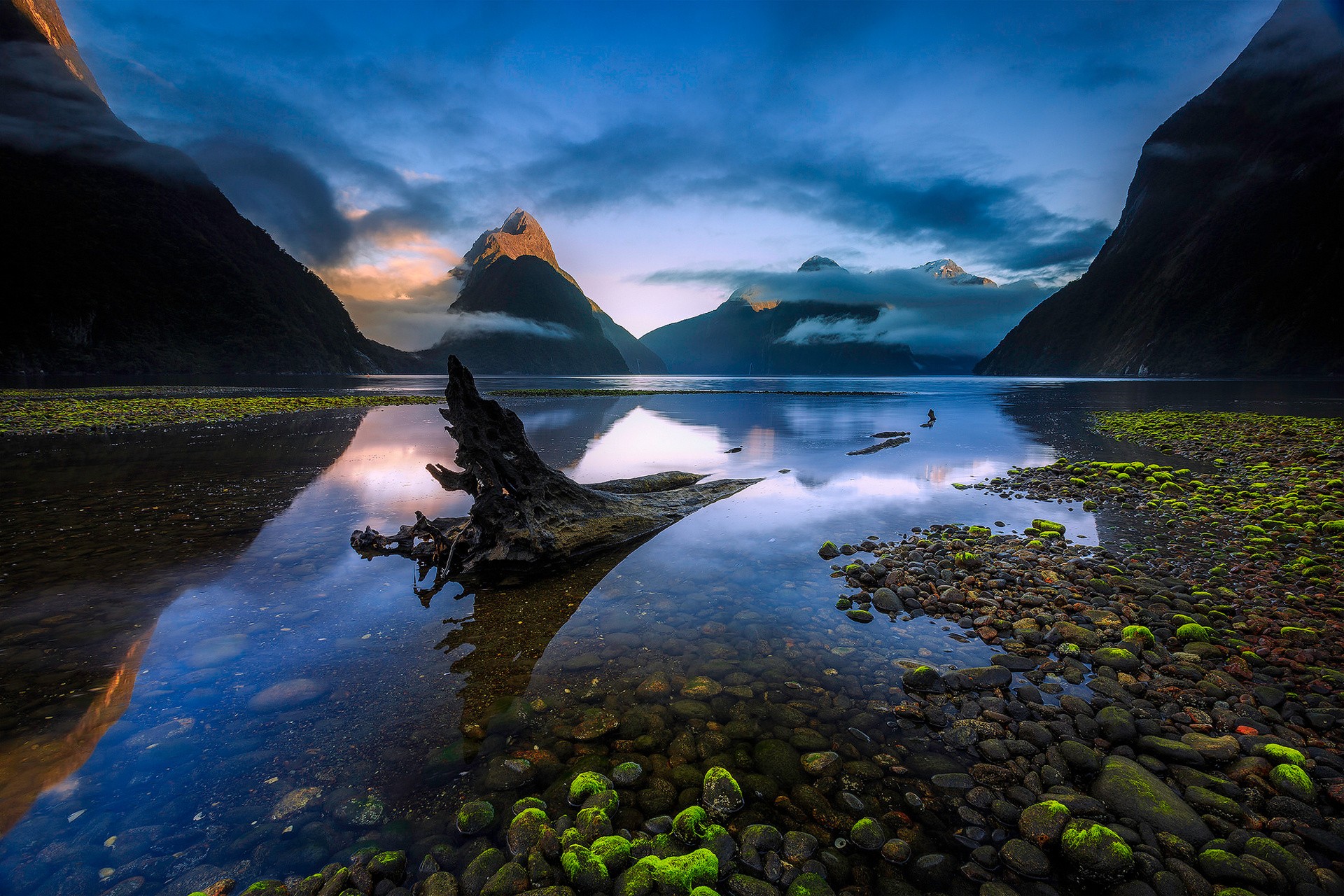 Nature Landscape Water Clouds New Zealand Lake Dead Trees Stones Moss Mountains Reflection 1920x1280