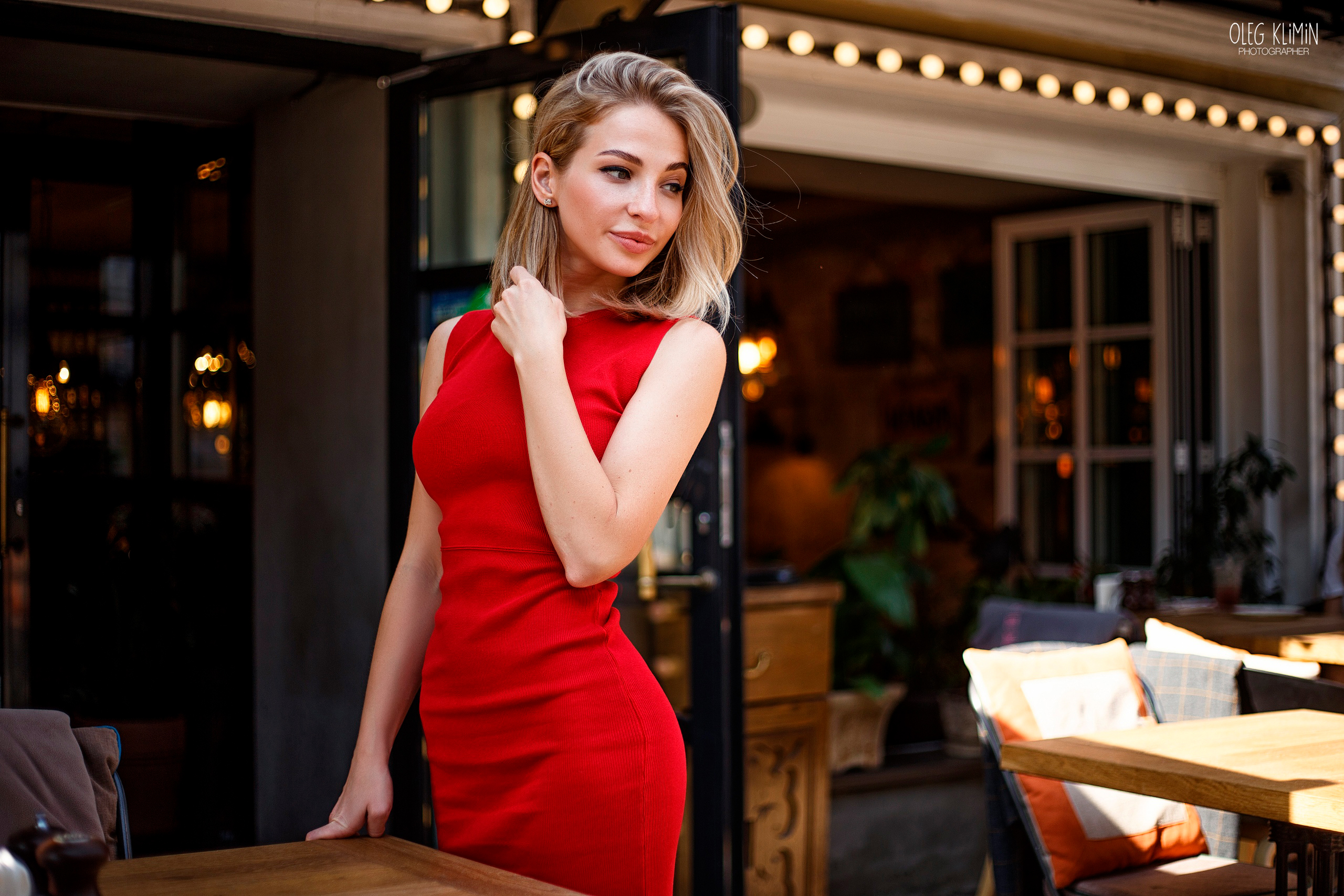 Women Blonde Red Dress Portrait Oleg Klimin Holding Hair Tight Dress Dress Anya Shapilova Looking Ba 2560x1707