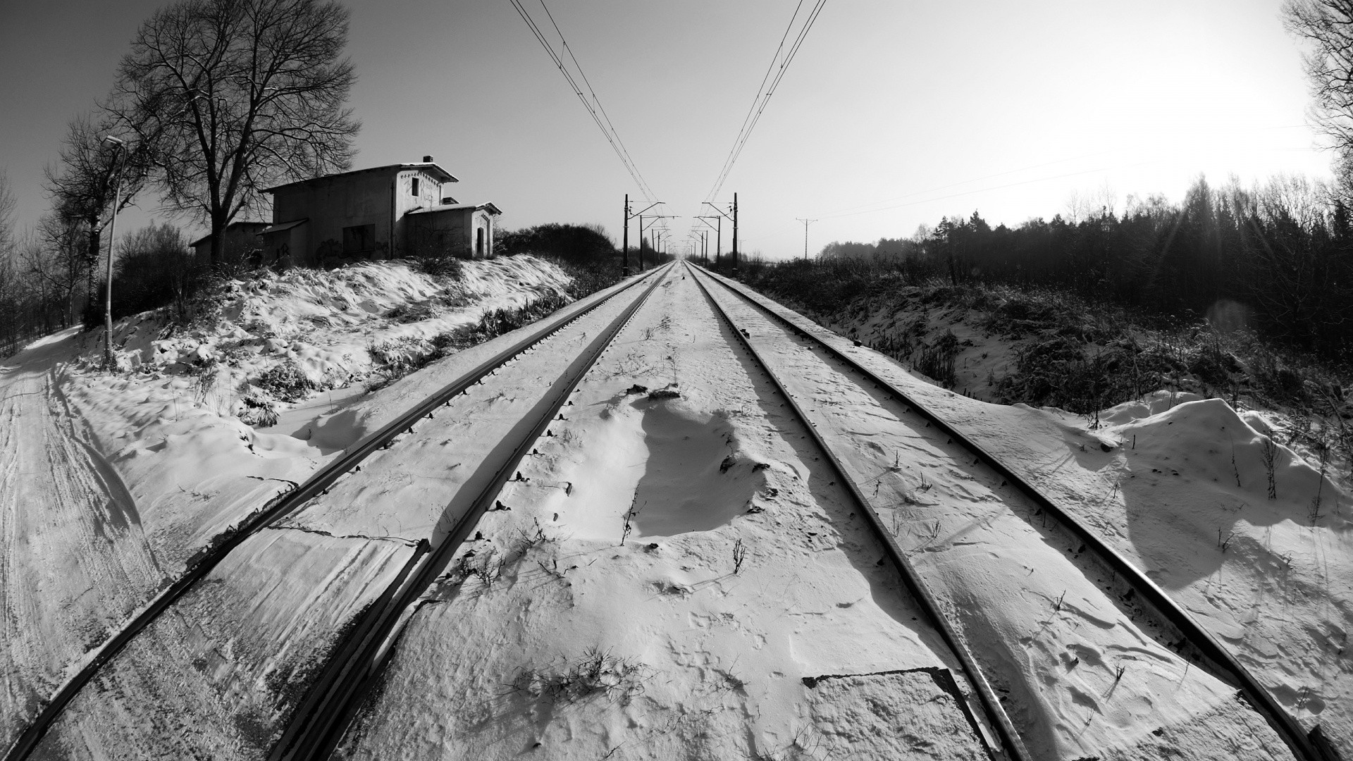 Train Railway Monochrome Snow Railroad Track 1920x1080