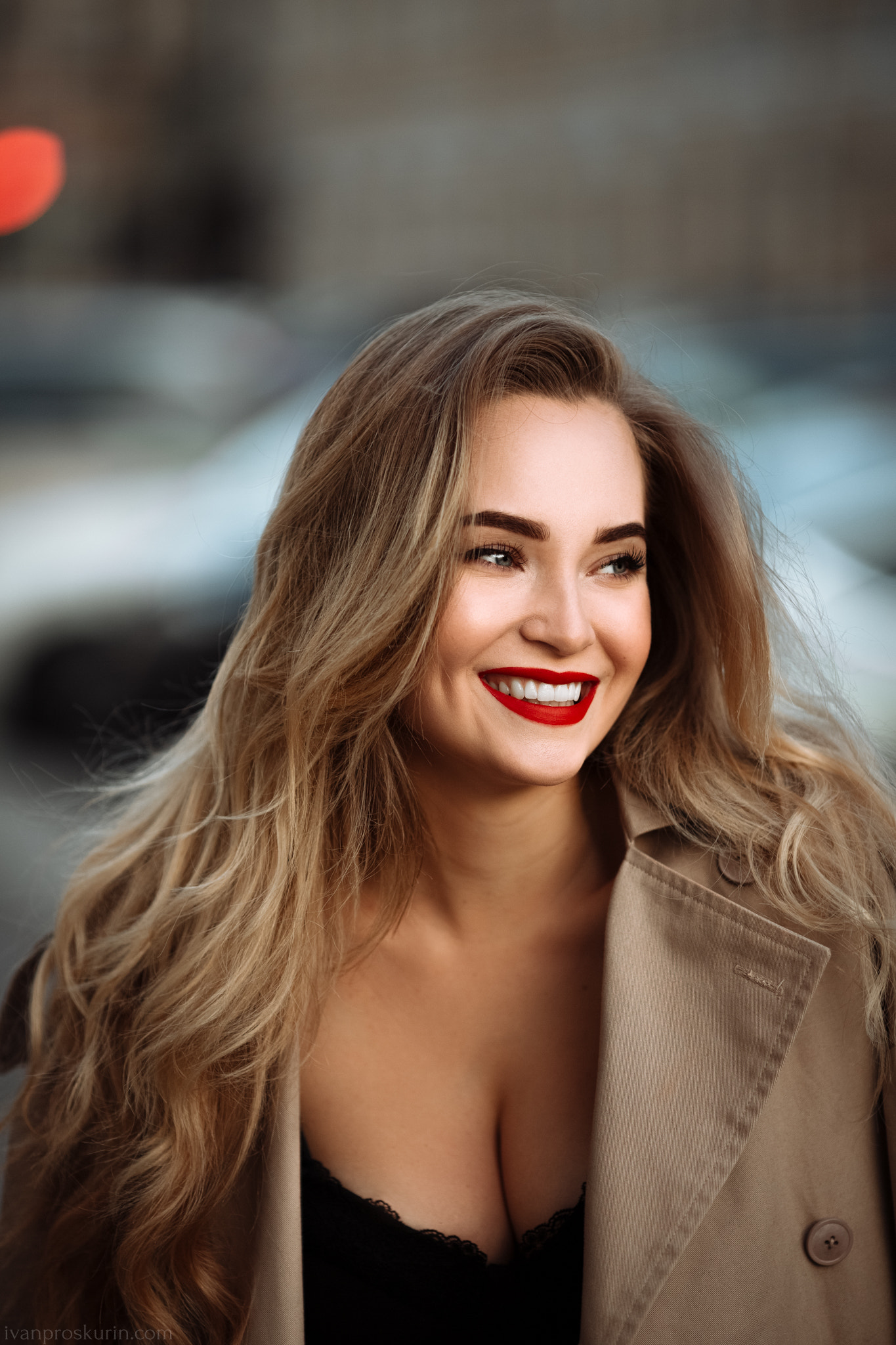 Women Model Ivan Proskurin Red Lipstick Smiling Trench Coat Long Hair Blonde Looking Away Women Outd 1365x2048