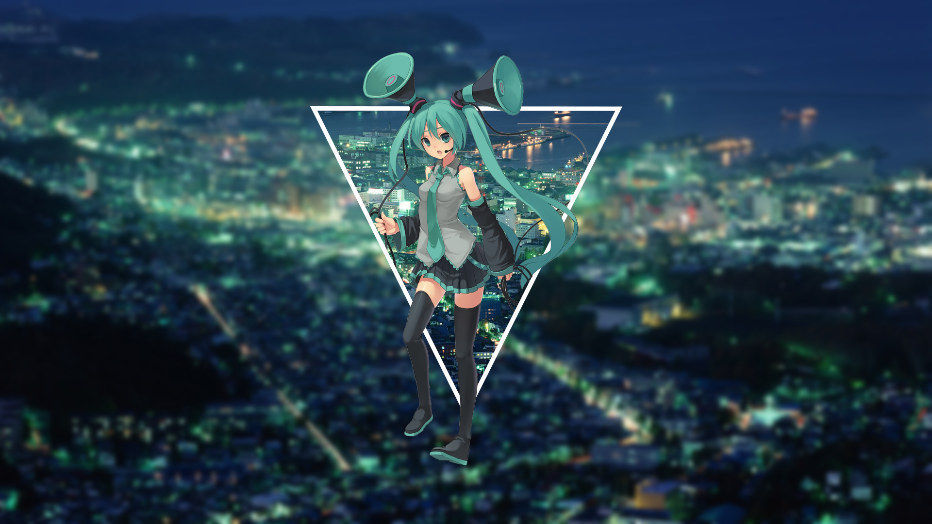 Hatsune Miku Vocaloid City Night Turquoise Turquoise Hair City Lights Anime Girls 1920x1080